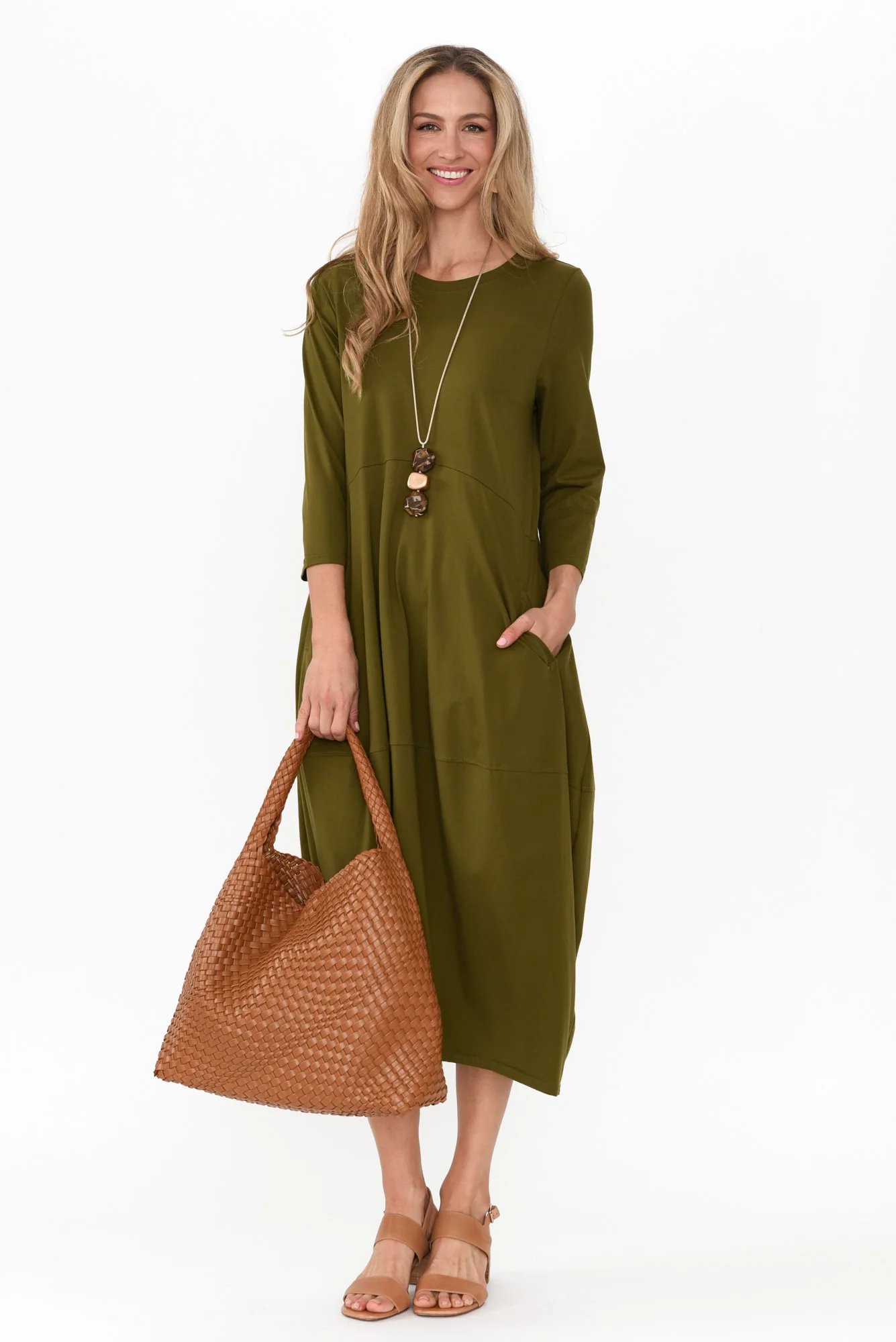 Marlyn Olive Cotton Blend Balloon Dress