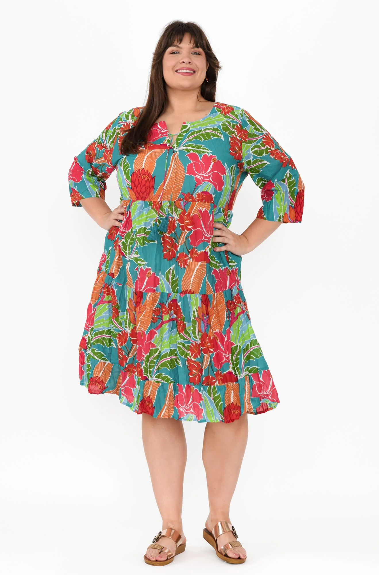 Milana Emerald Tropical Crinkle Cotton Dress