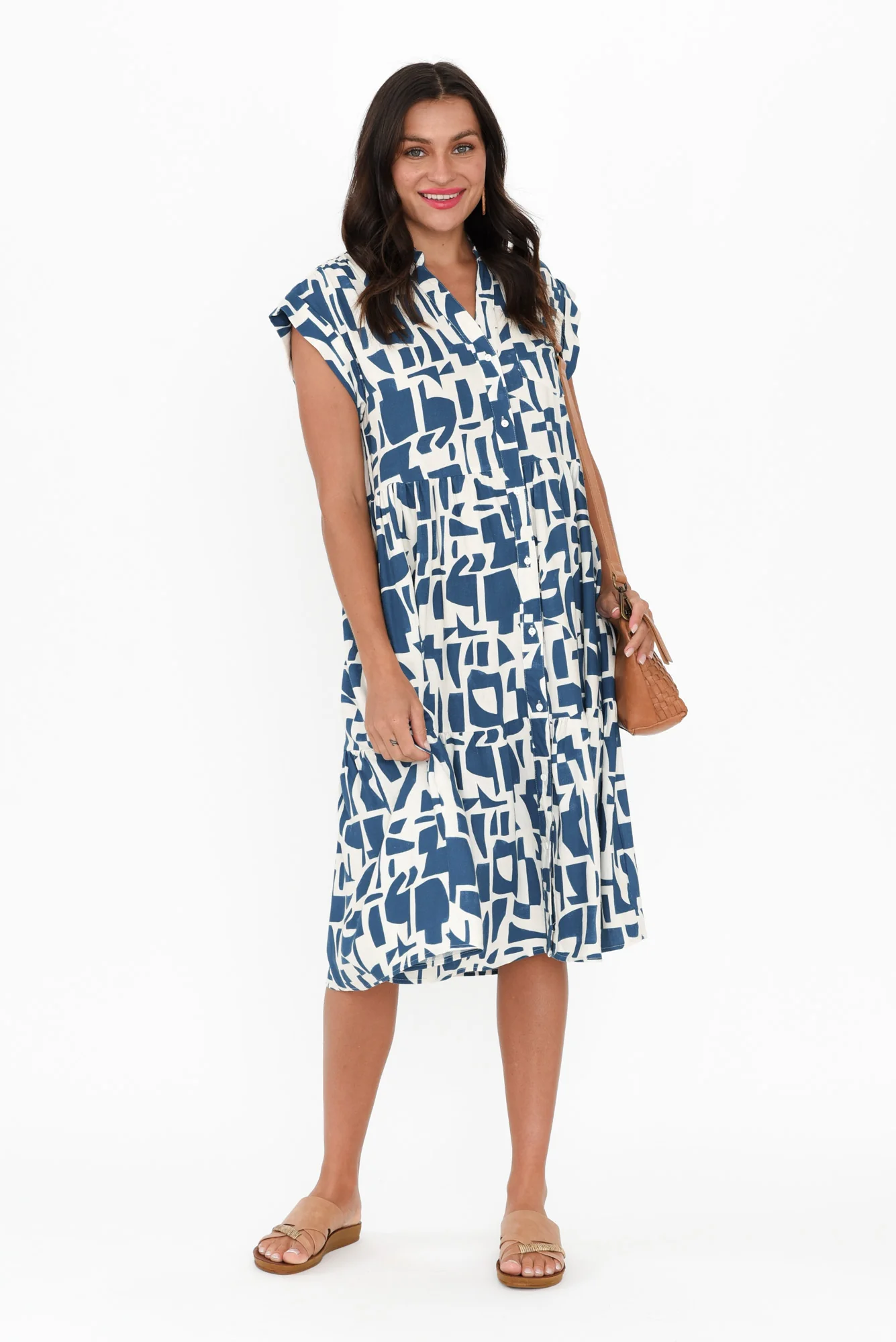 Zurich Blue Geo Collared Tier Dress