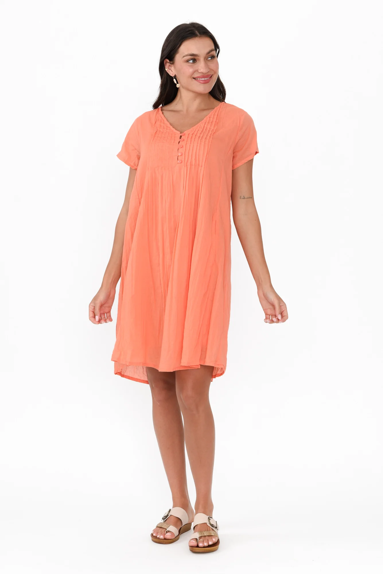 Sabina Peach Crinkle Cotton Dress