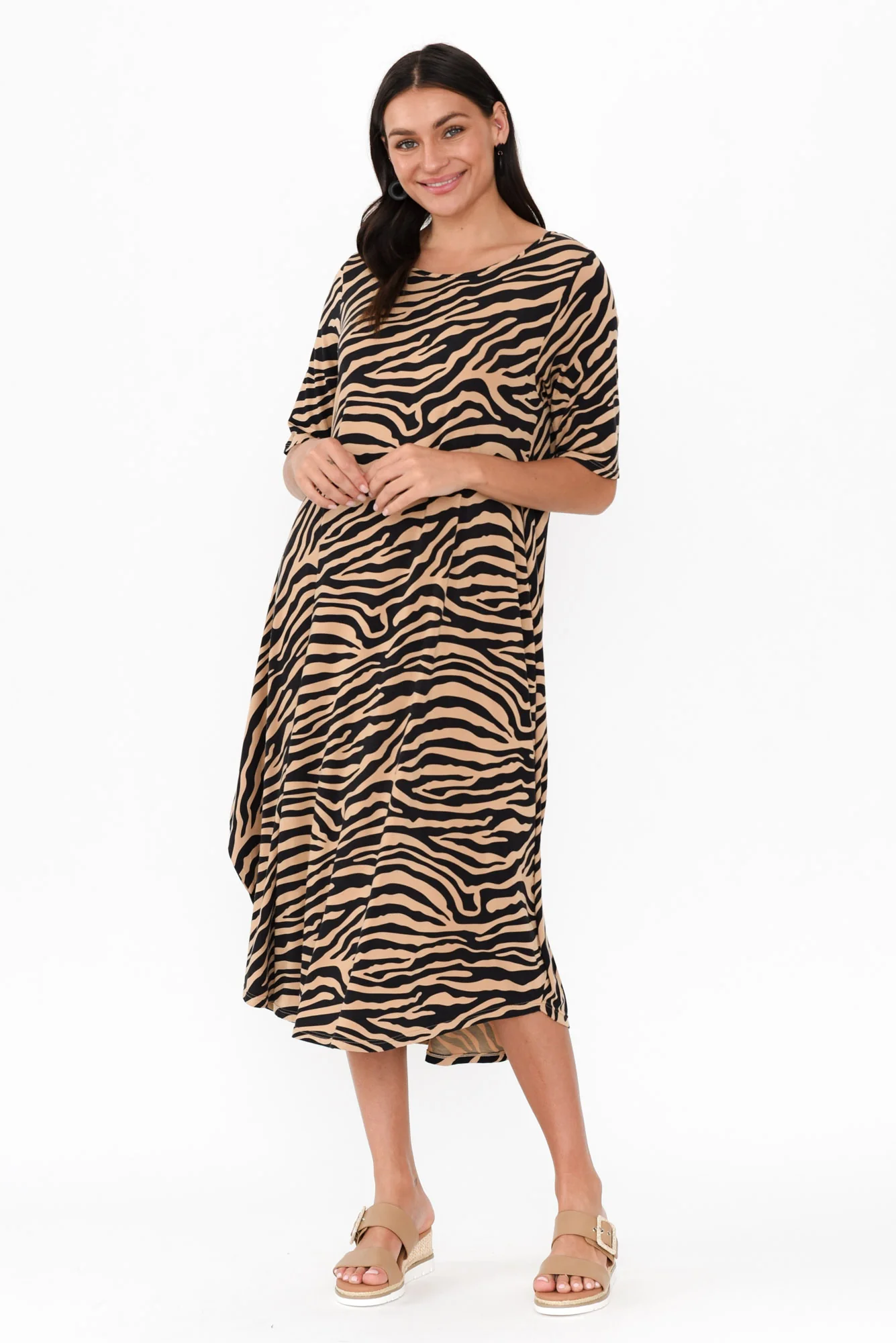 Tan Zebra Micro Modal Tri Drape Dress