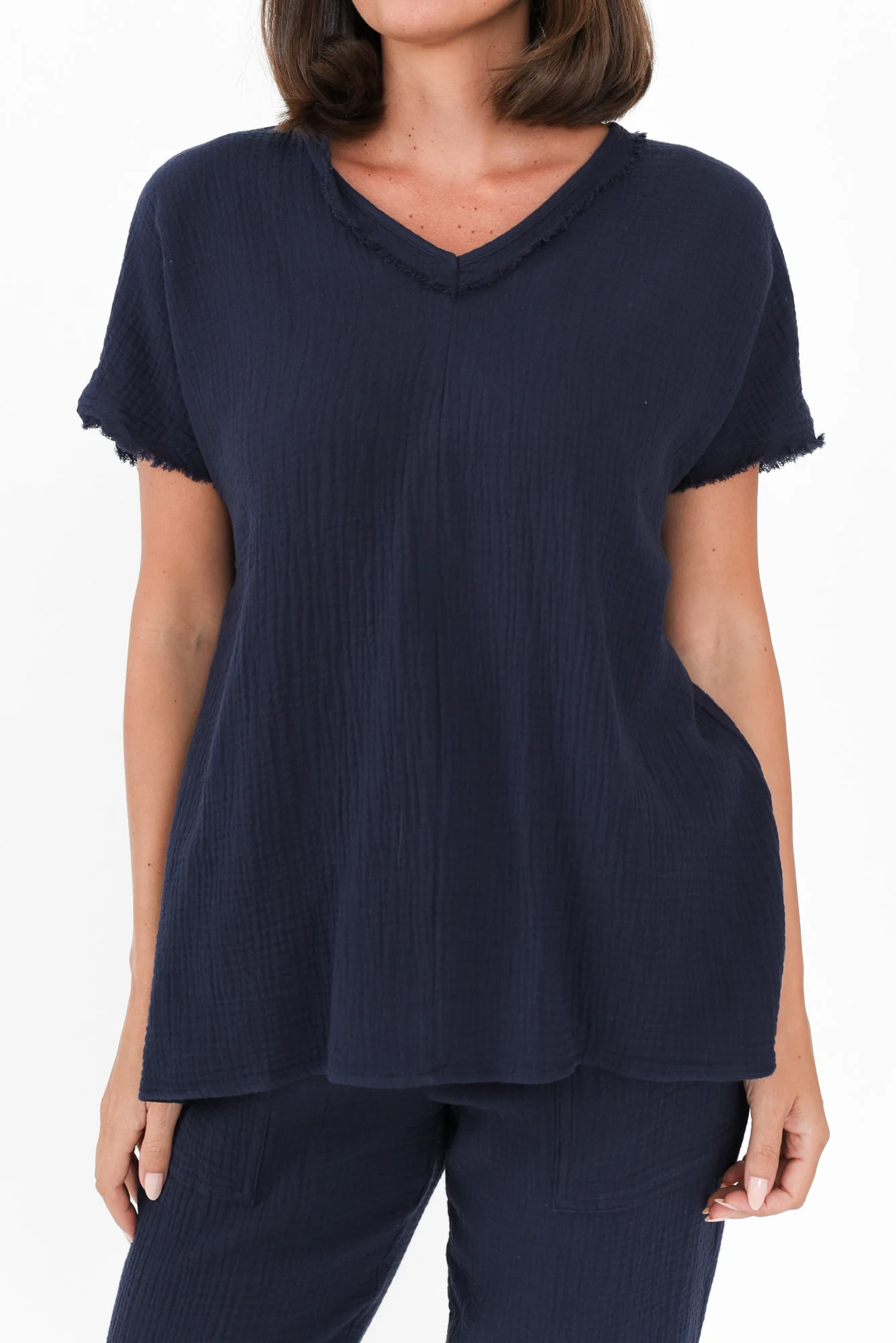 Haltia Navy Cotton Cheesecloth V Neck Top