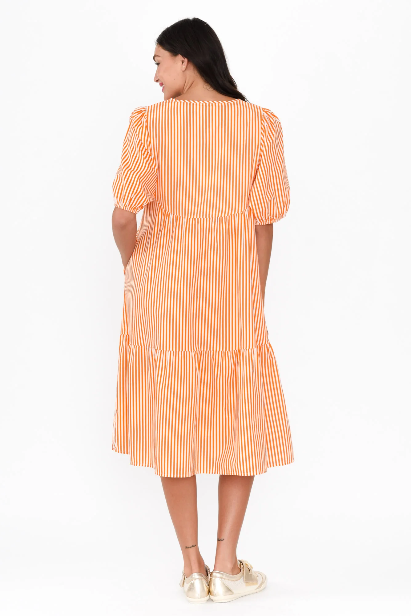 Zariah Orange Stripe Cotton Tier Dress