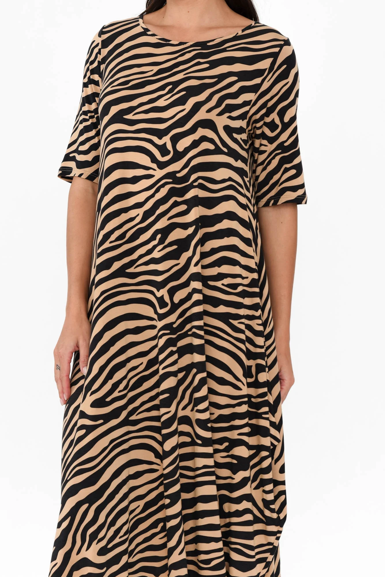 Tan Zebra Micro Modal Tri Drape Dress