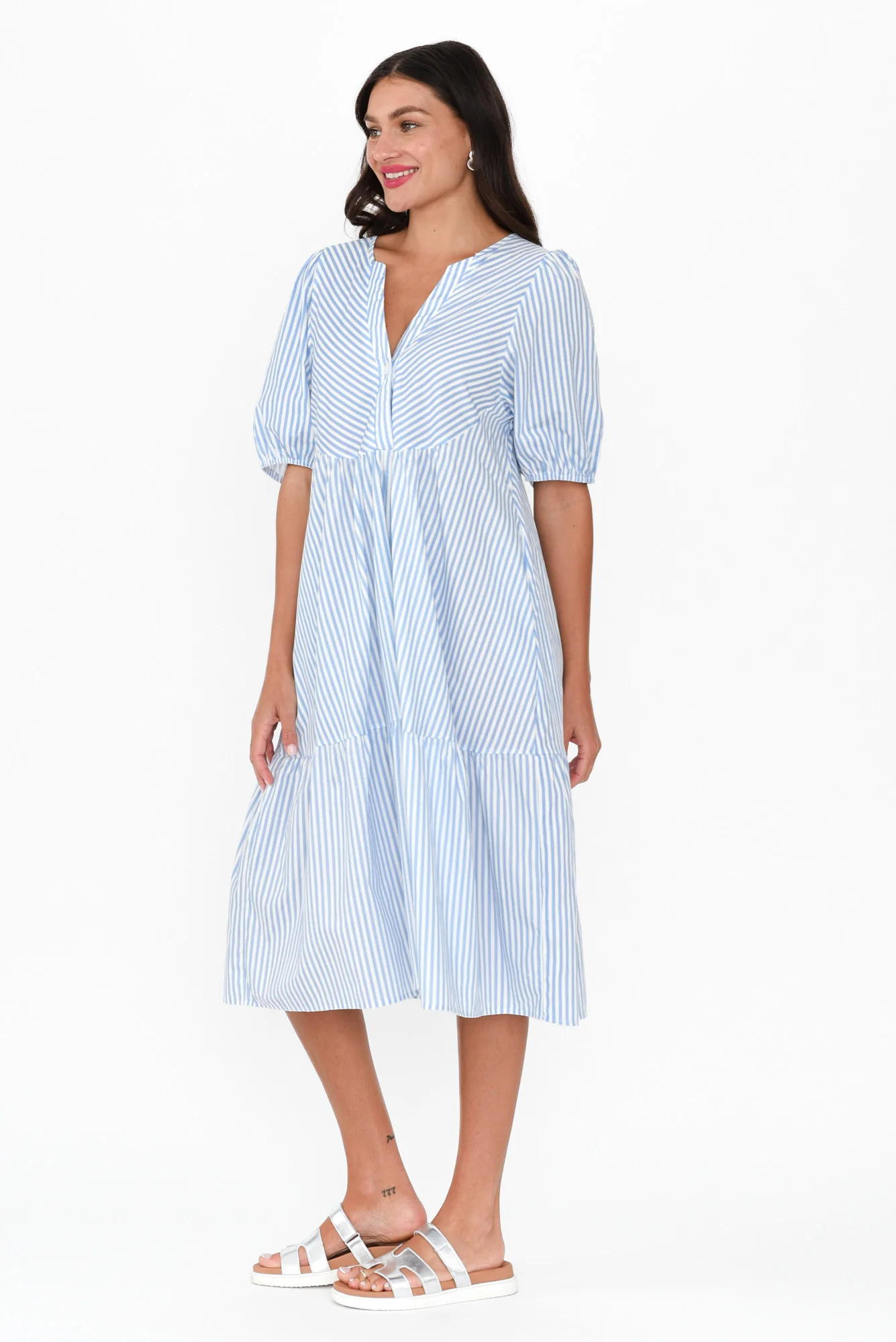 Zariah Blue Stripe Cotton Tier Dress