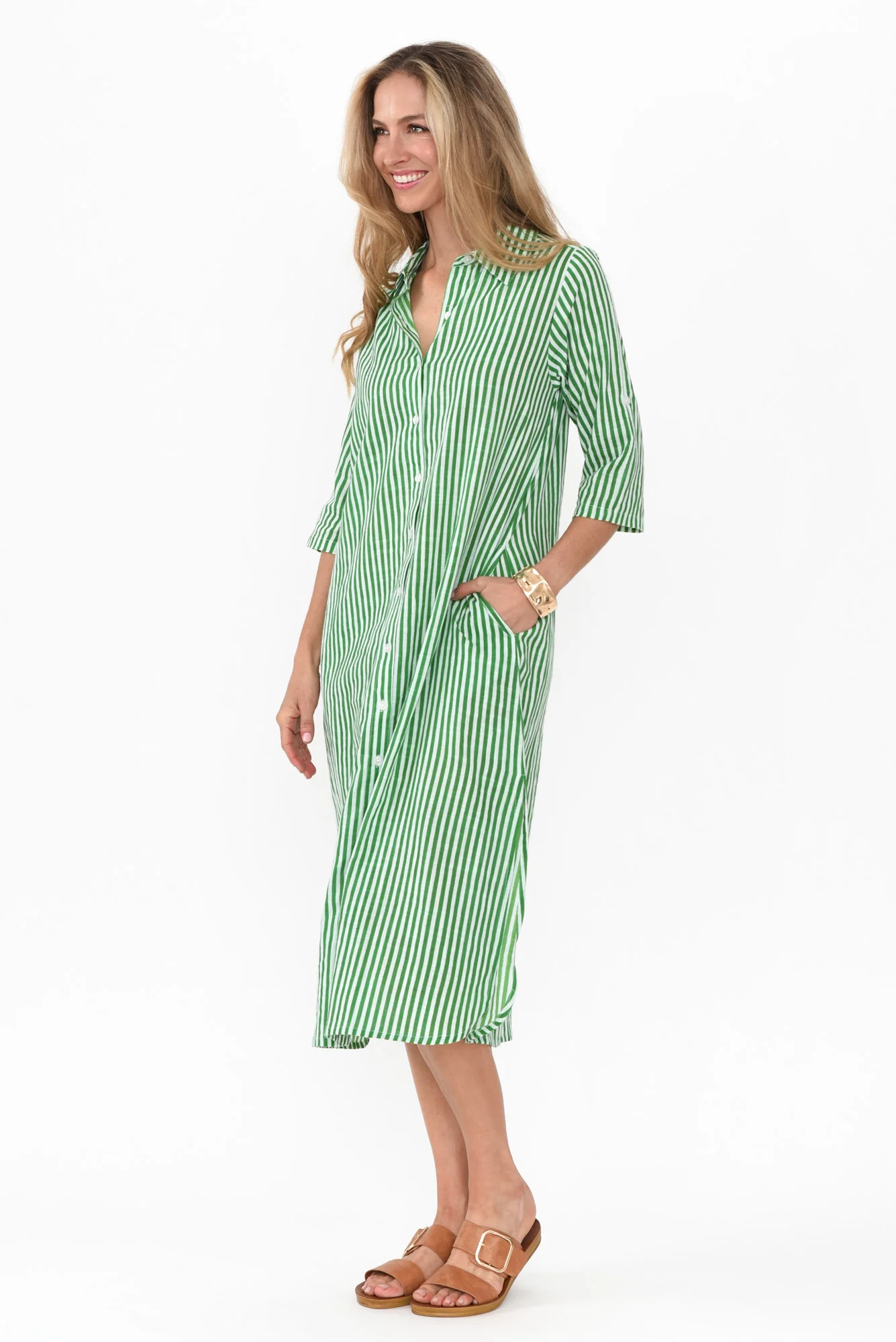 Tricia Green Stripe Cotton Shirt Dress