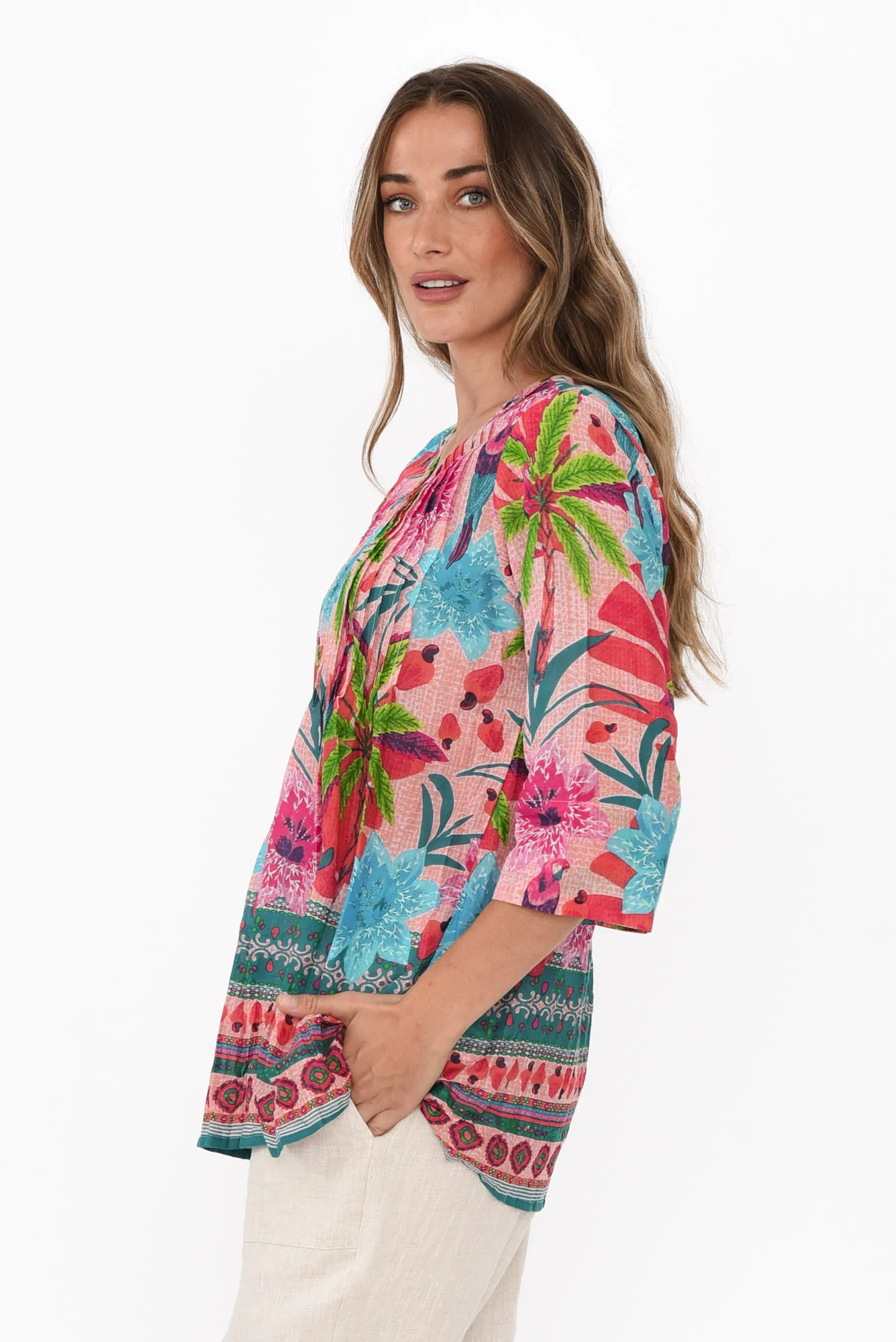 Fia Pink Palm Sleeved Crinkle Cotton Top