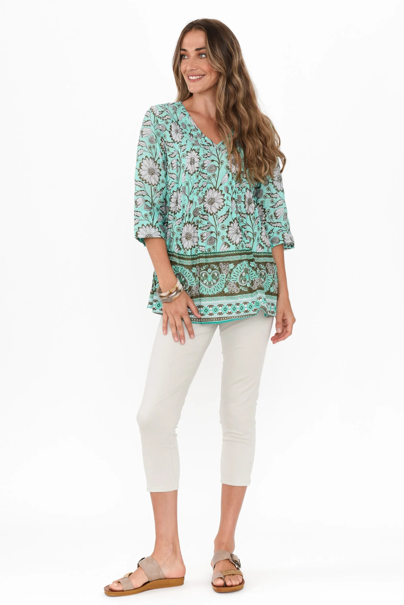 Fia Aqua Floral Sleeved Crinkle Cotton Top
