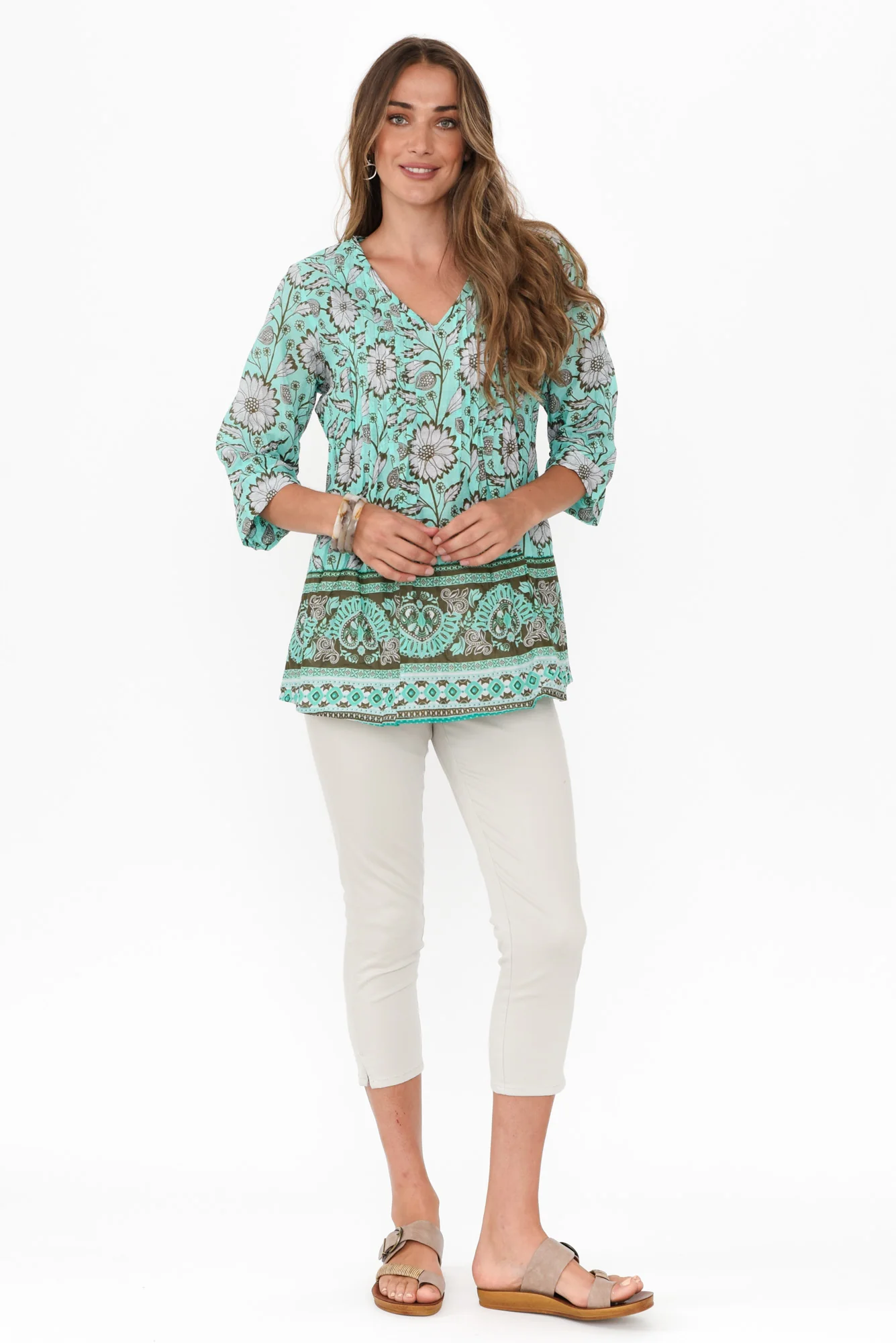 Fia Aqua Floral Sleeved Crinkle Cotton Top