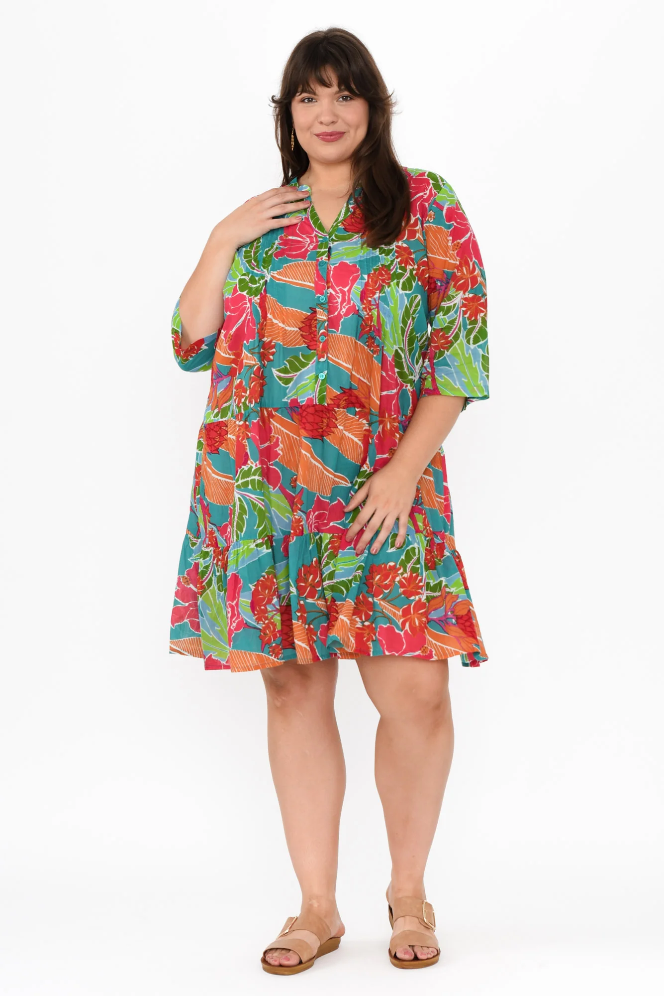 Larissa Emerald Tropical Cotton Pleated Dress