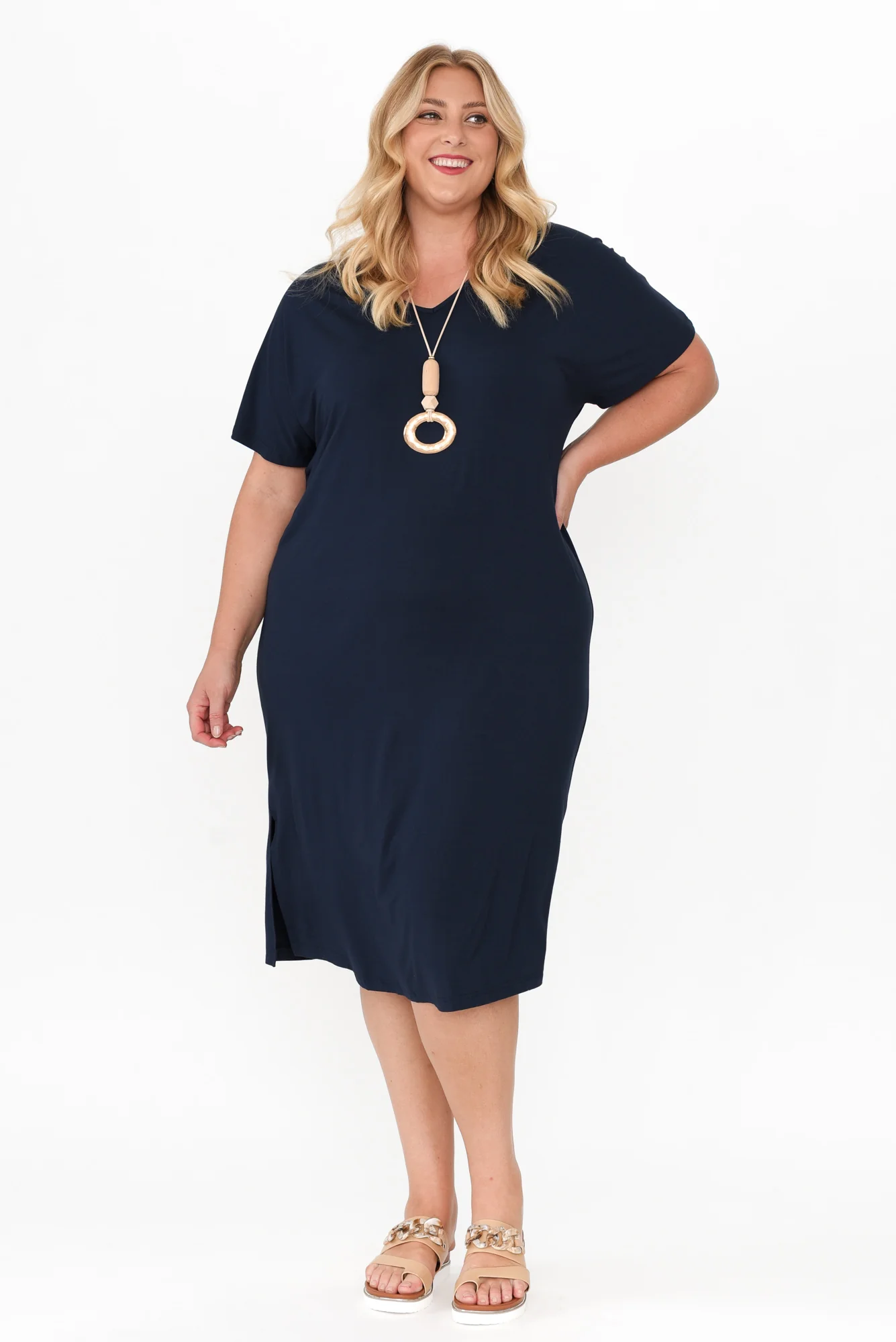 Dennis Navy Bamboo V Neck Dress