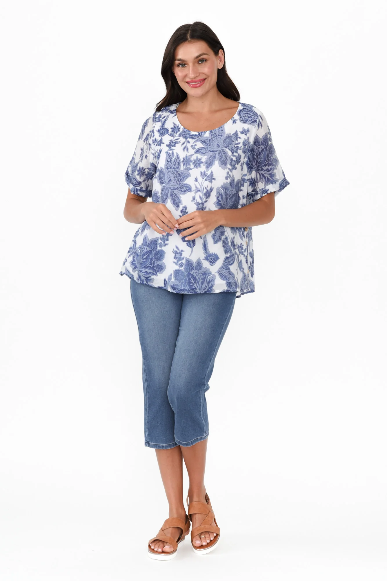 Perry Blue Floral Button Top