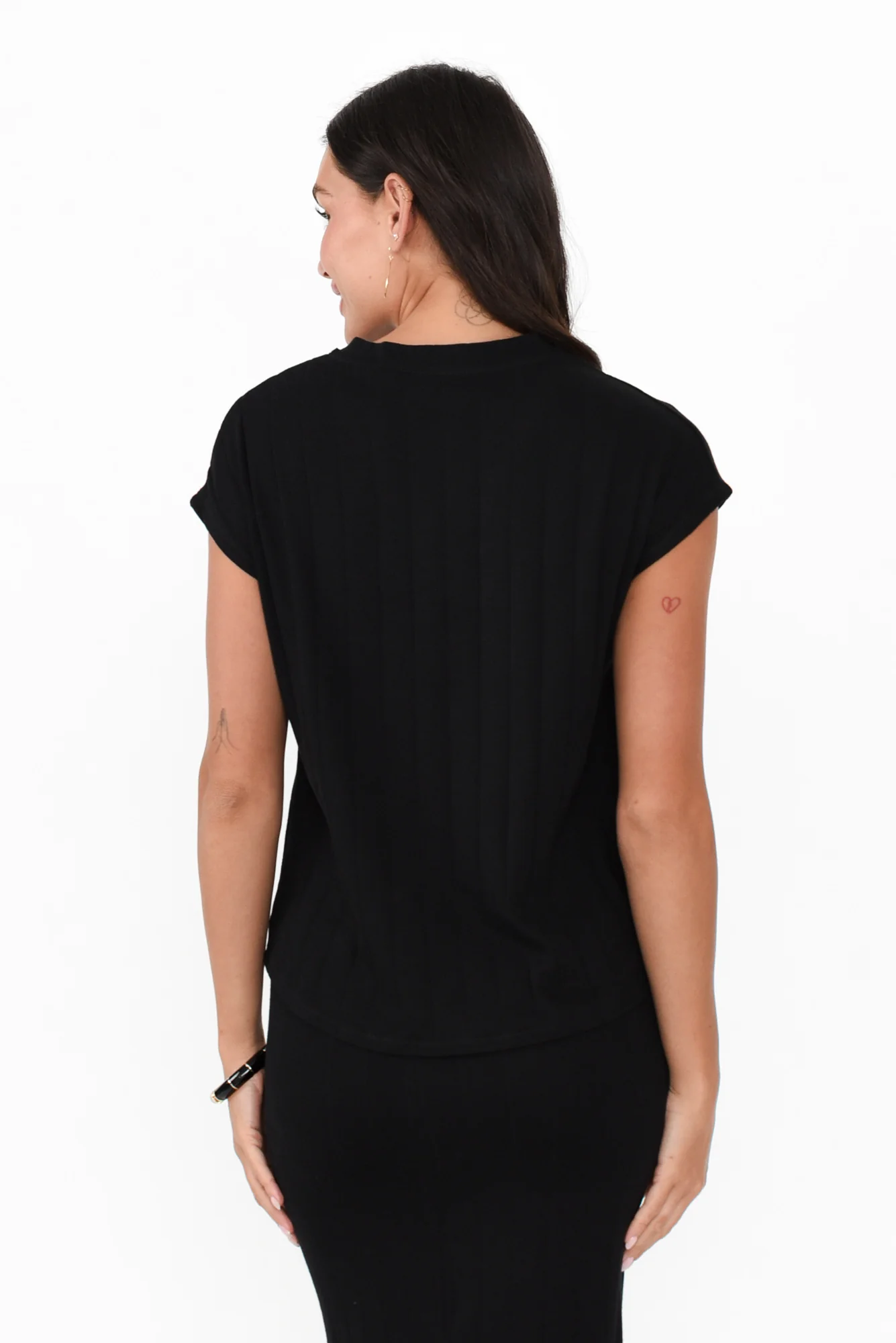 Dori Black Cotton Blend Ribbed Top