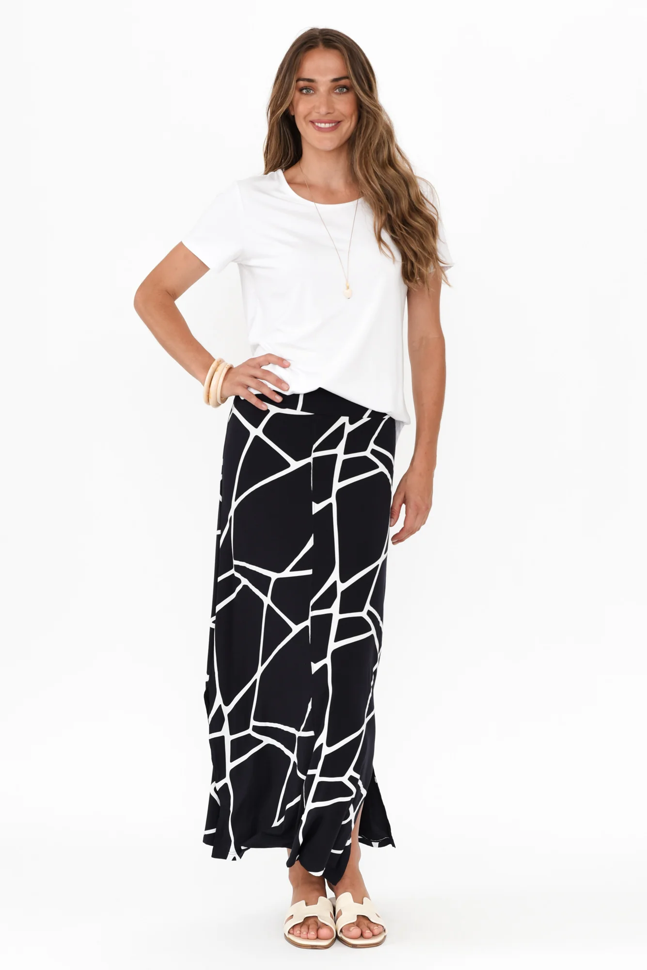 Navy Marble Micro Modal Long Panel Skirt