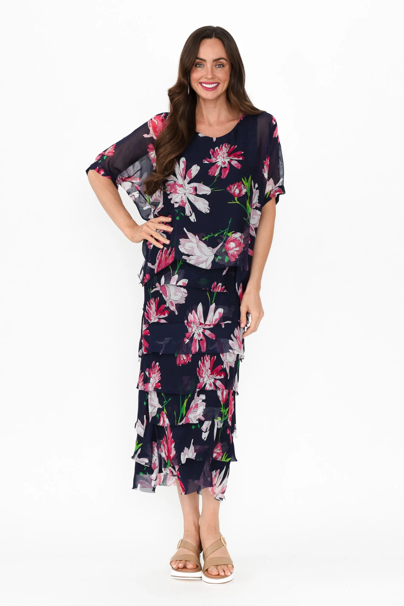 Katerina Navy Bloom Silk Overlay Maxi Dress