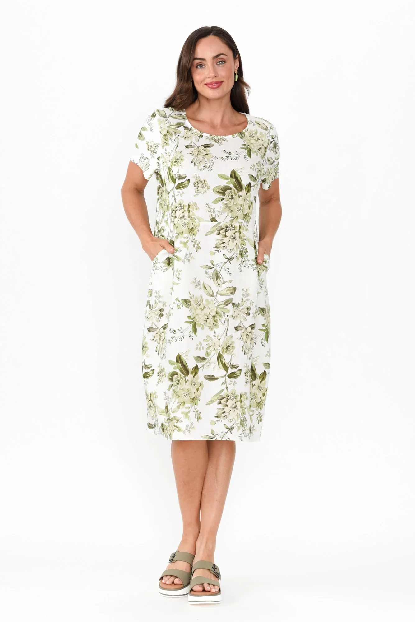 Evalina Green Floral Linen Blend Dress