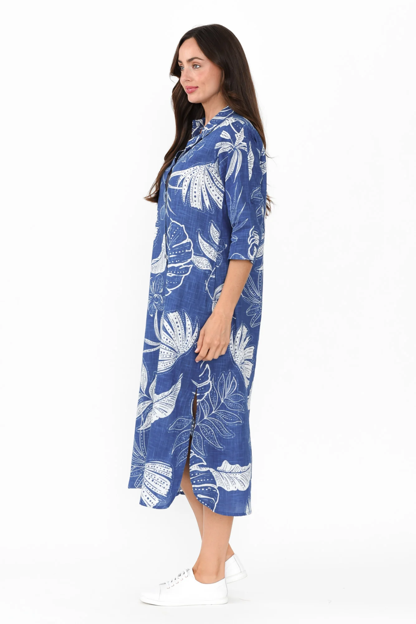 Tricia Navy Leaf Cotton Shirt Dress