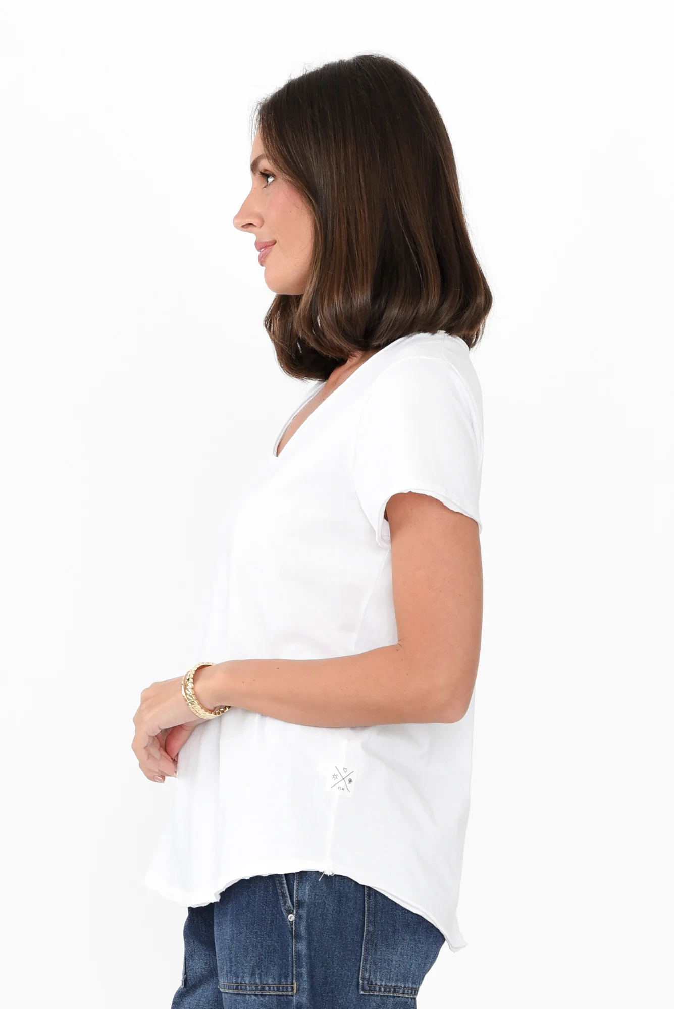 Maggie White Cotton Vee Tee