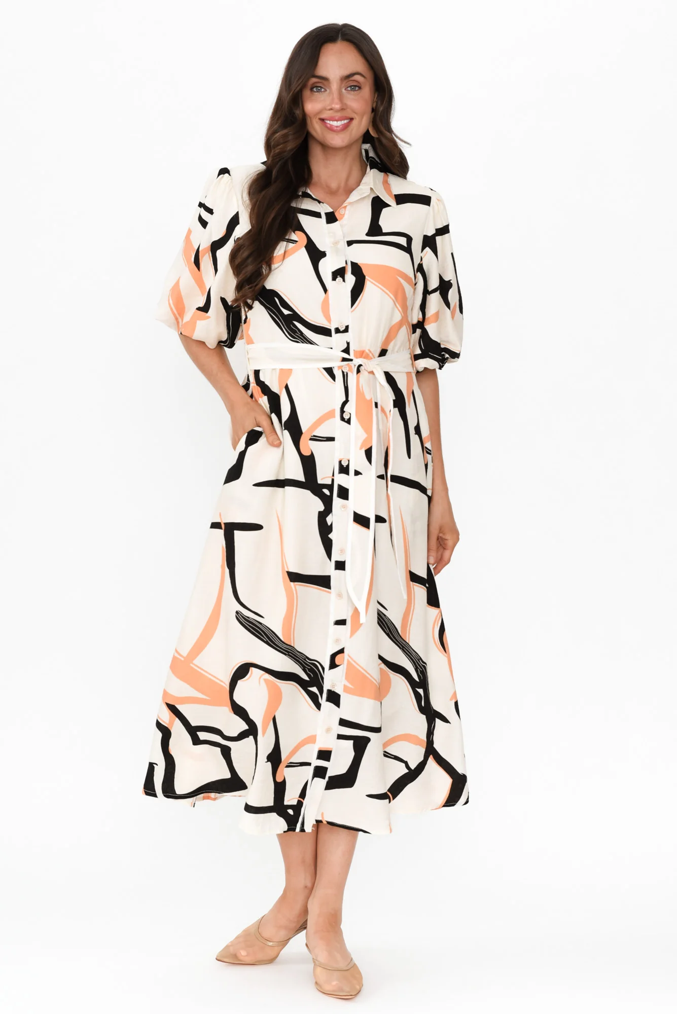 Bimini Cream Geo Cotton Blend Dress