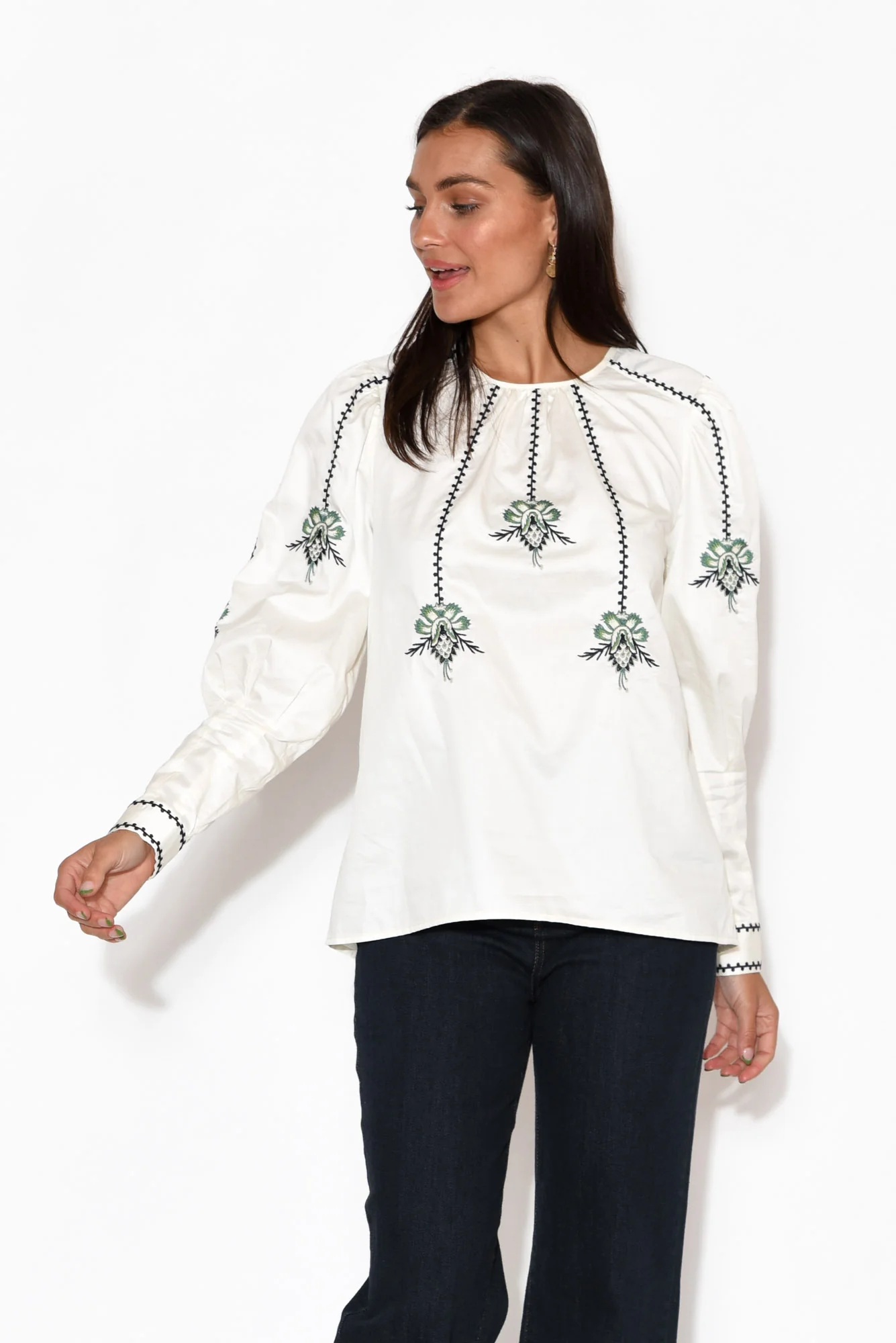 Grove White Embroidered Bishop Sleeve Top