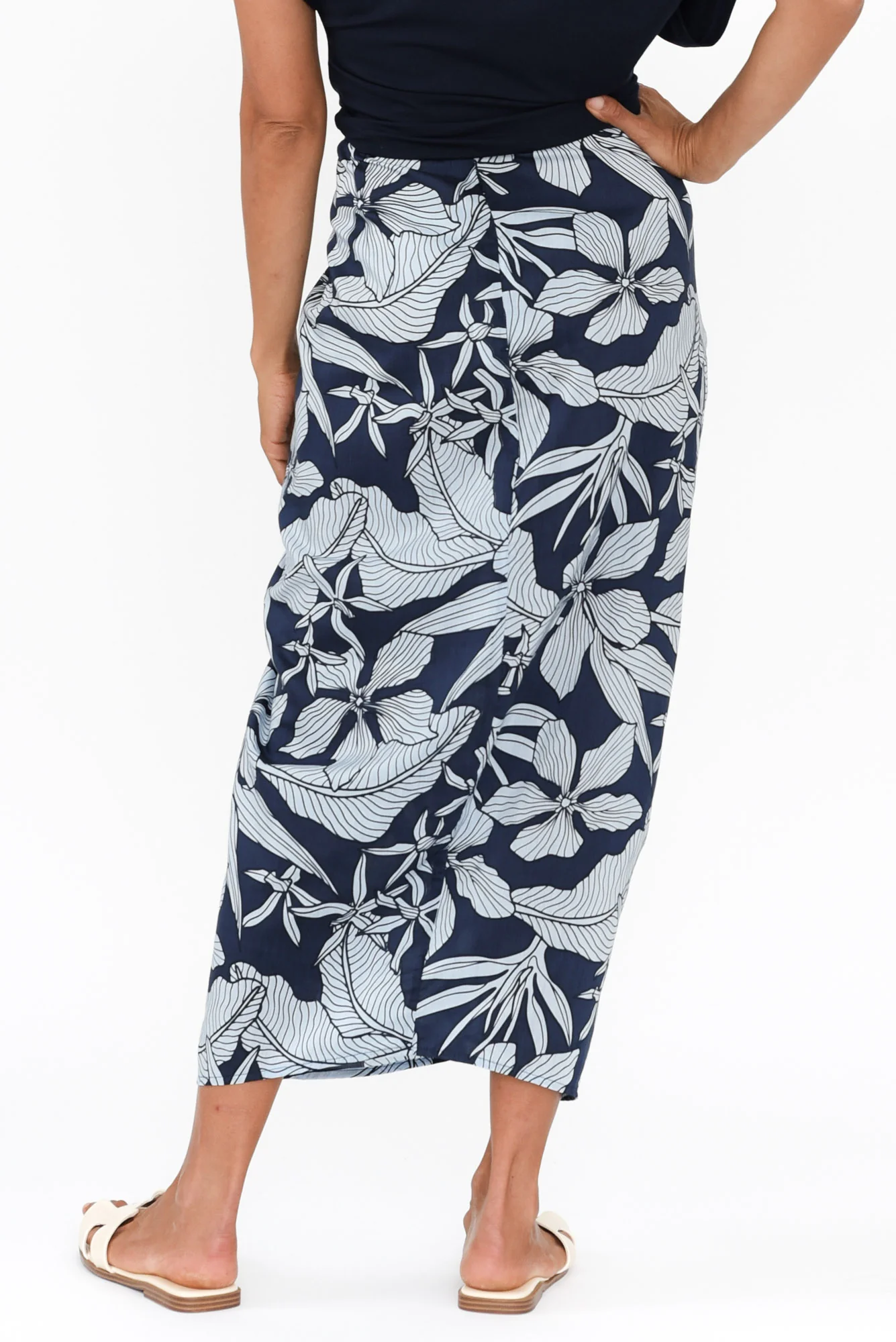 Treston Blue Tropical Cotton Gathered Skirt