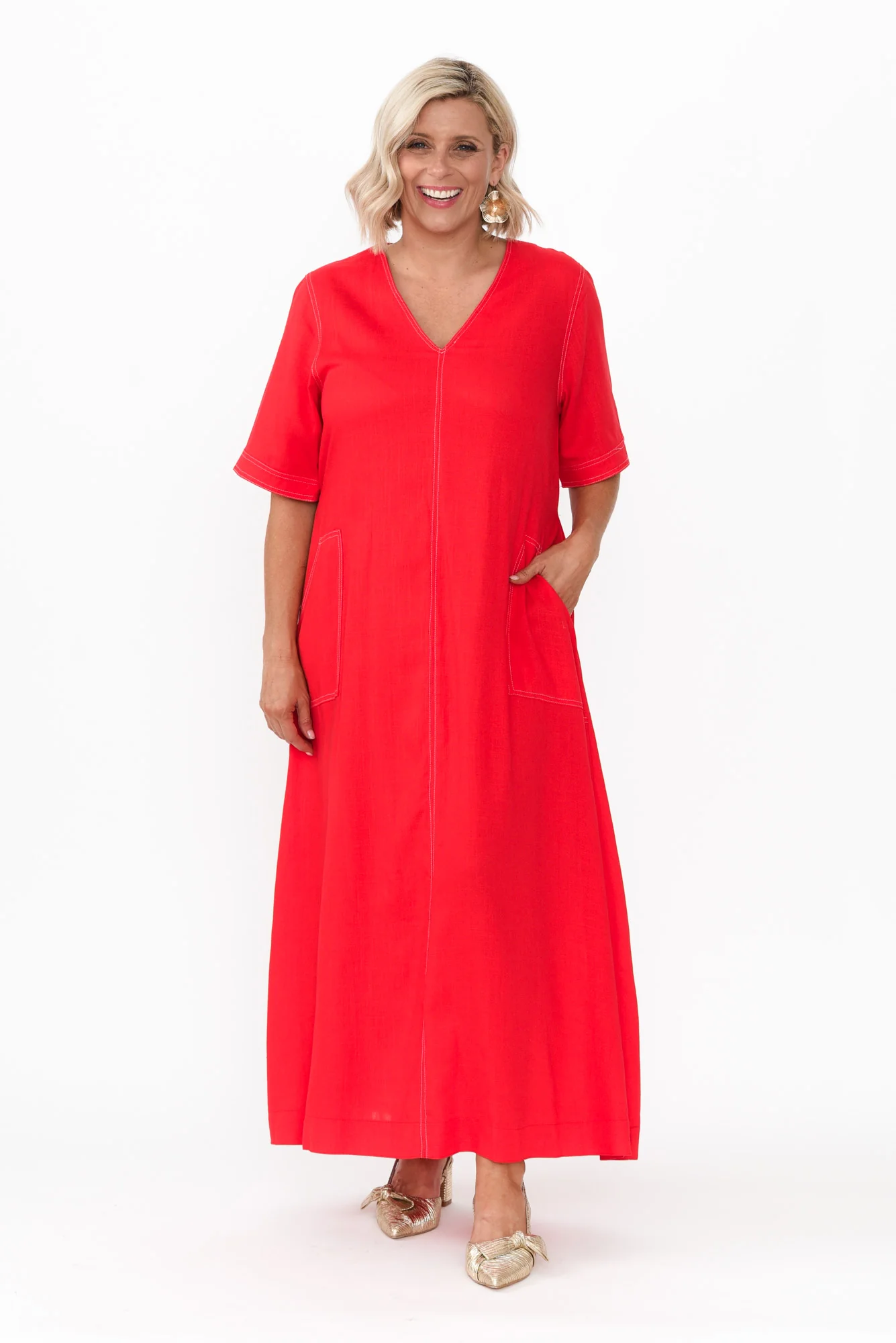Navarra Red Contrast Linen Blend Dress