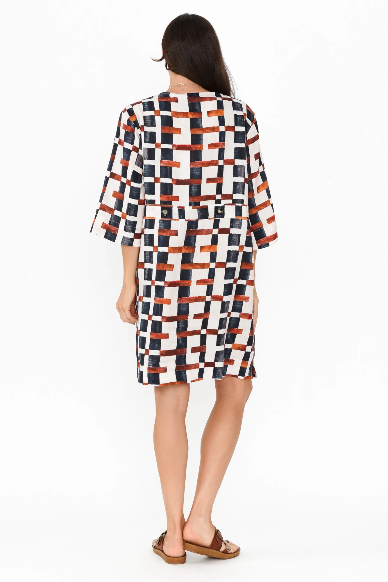 Stiles Brown Geo Linen Belted Dress