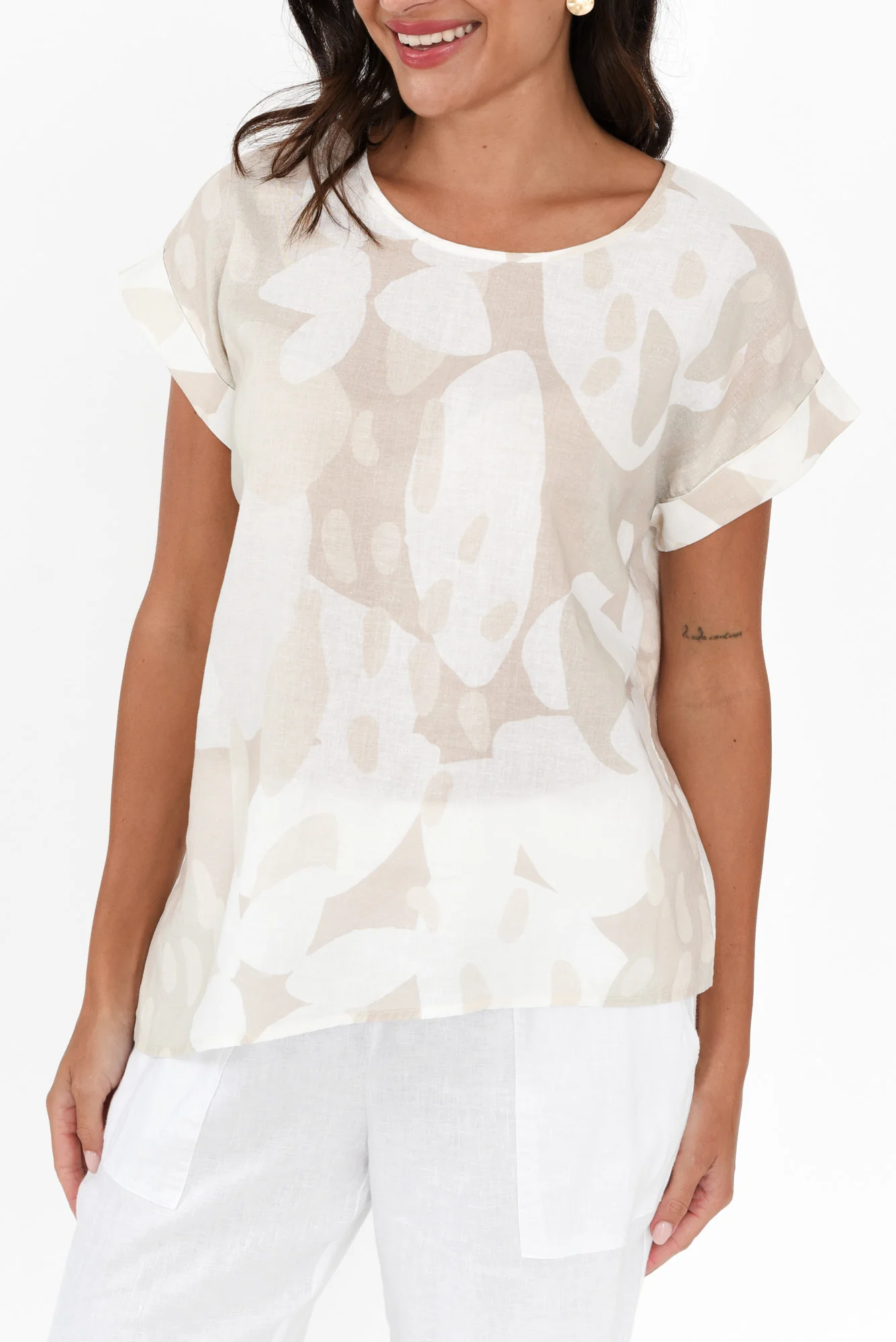 Keyla Beige Abstract Linen Cotton Top