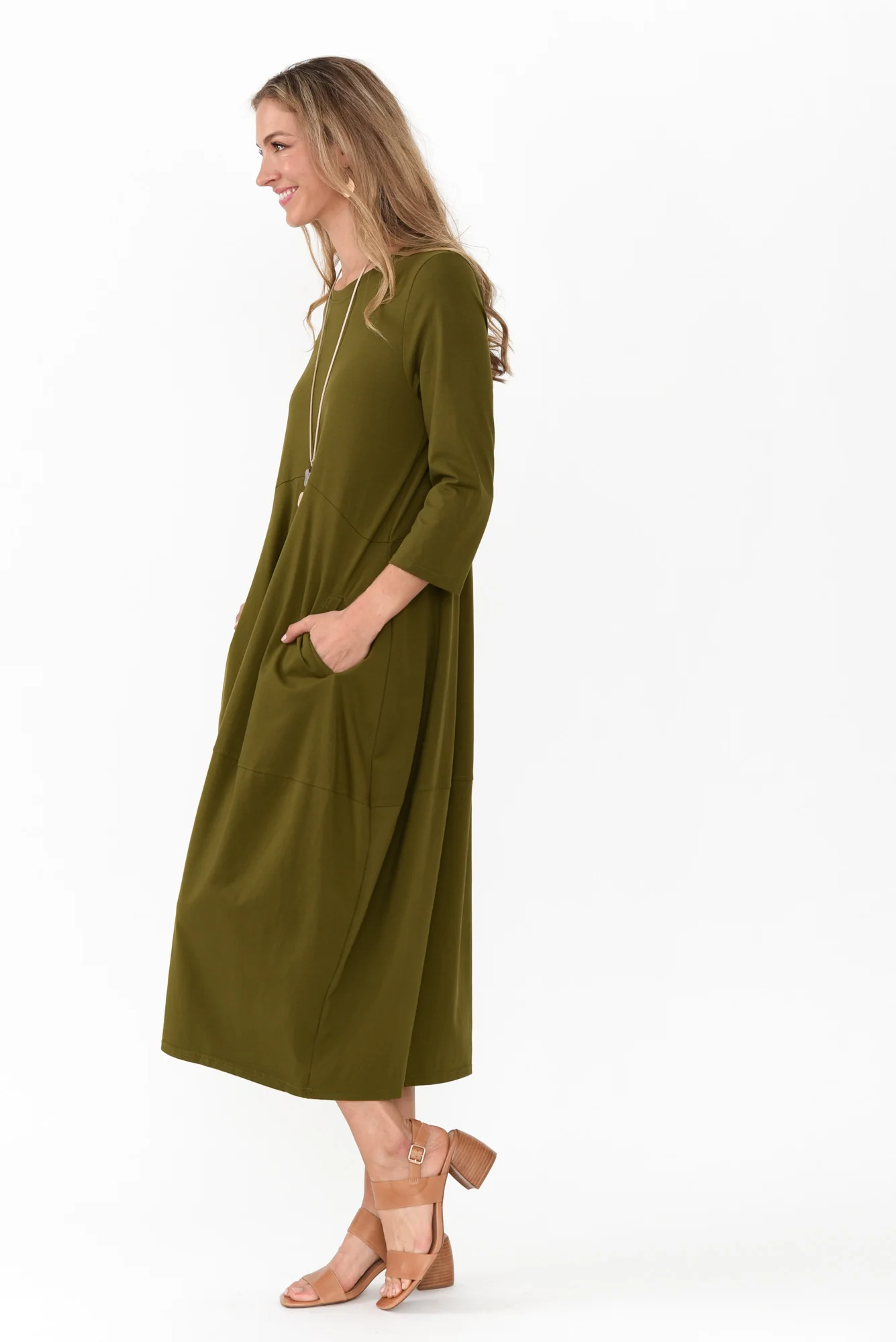 Marlyn Olive Cotton Blend Balloon Dress