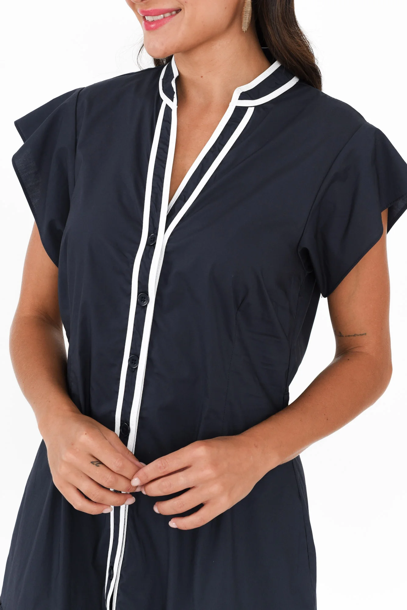 Mari Navy Contrast Cotton Tie Dress