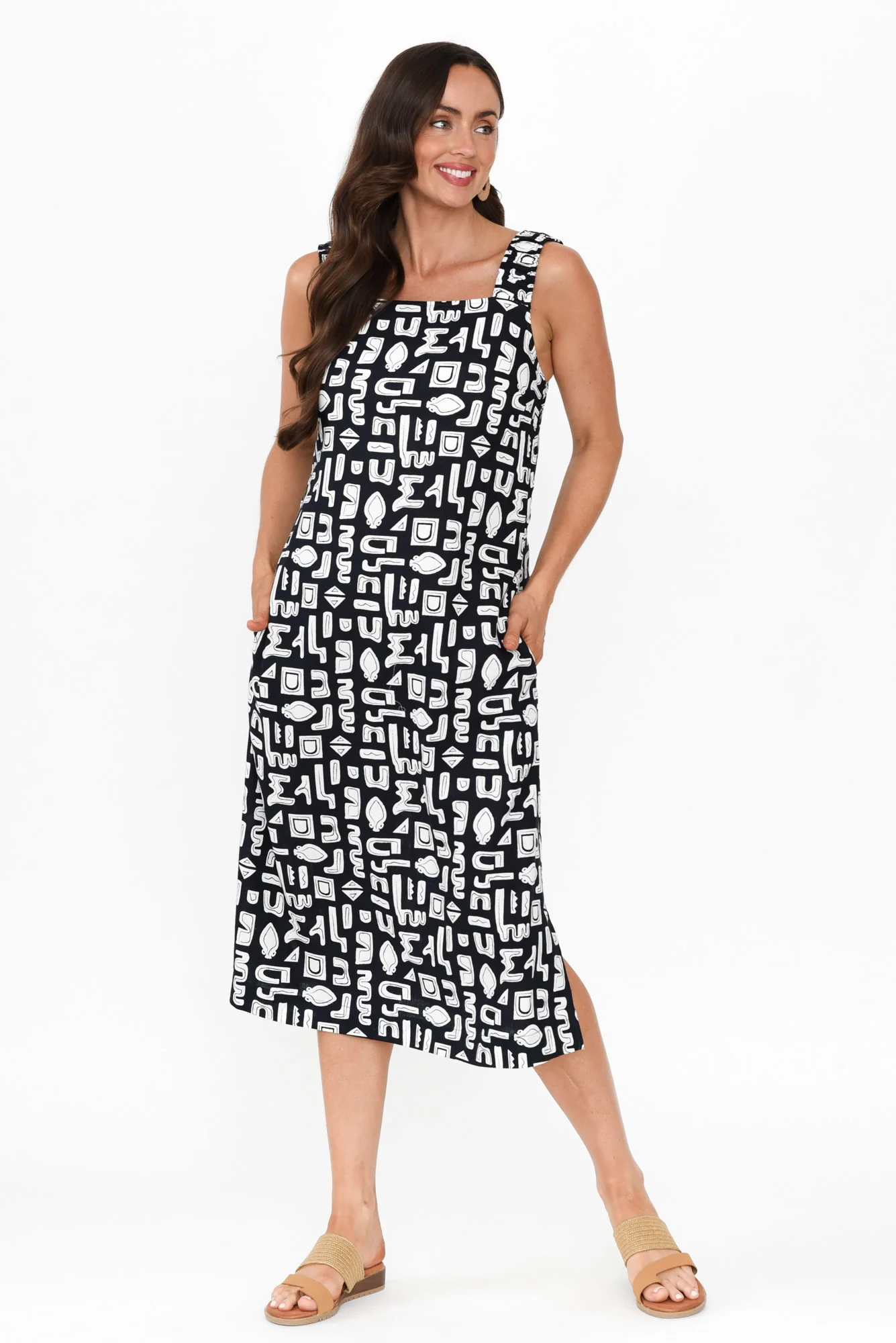 Etched Navy Geo Linen Blend Dress