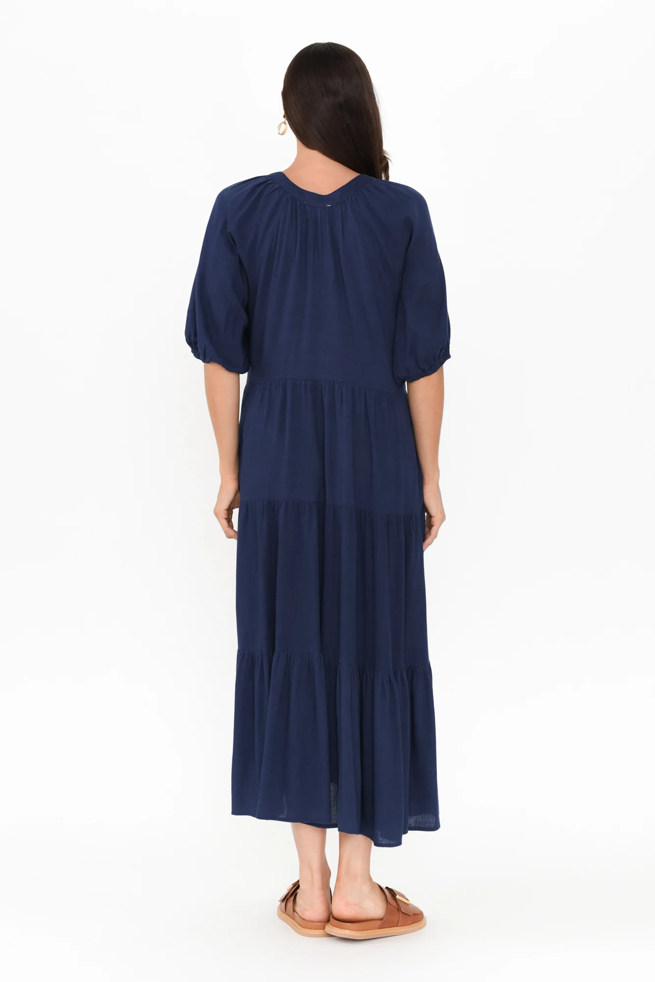 Imogene Navy Cotton Linen Tiered Dress