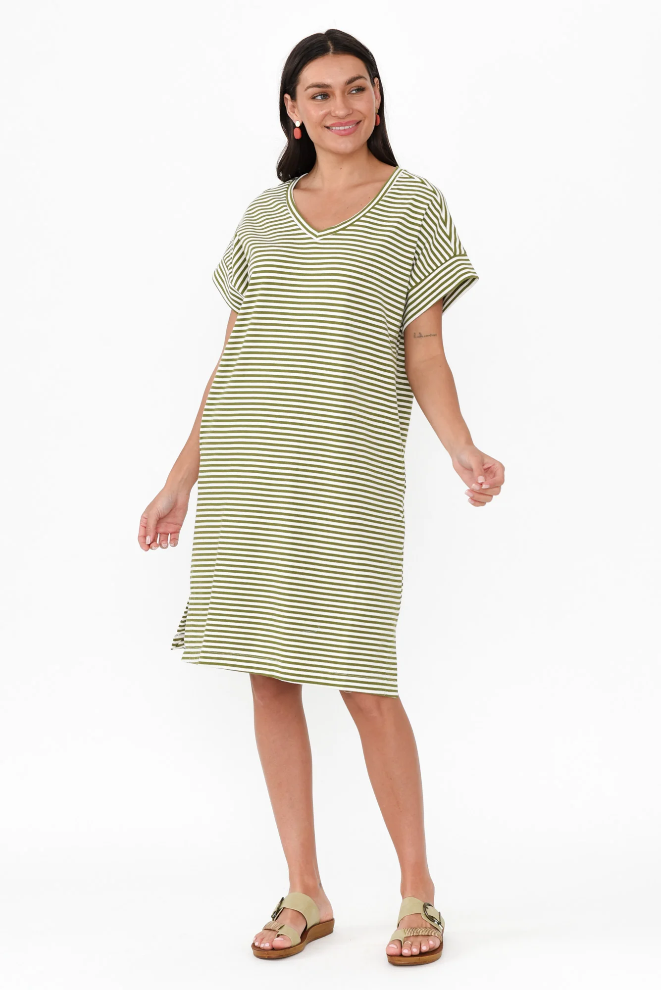 Elise Green Stripe V Neck T-Shirt Dress