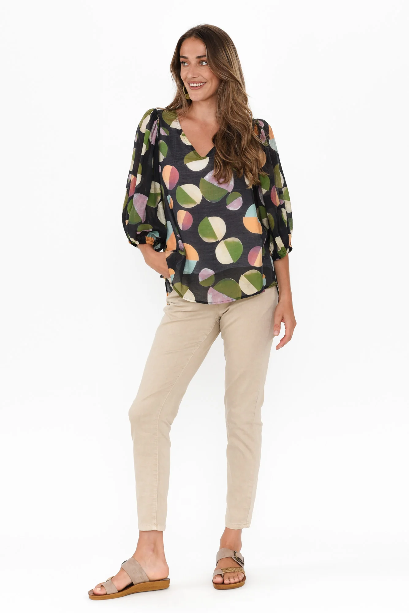 Misma Navy Spot V Neck Top