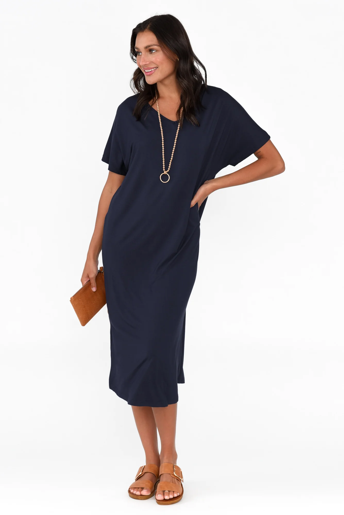 Dennis Navy Bamboo V Neck Dress