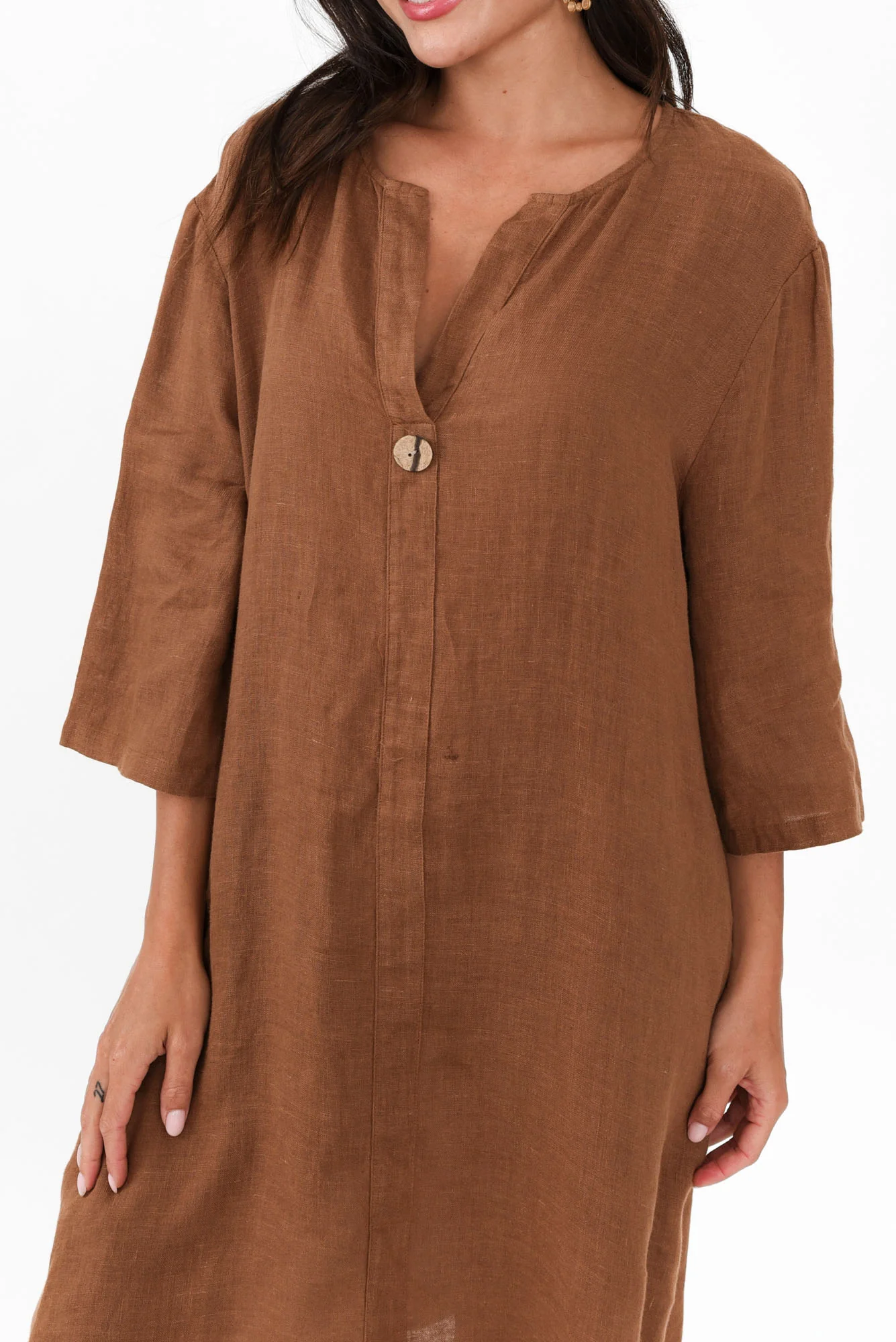 Sian Mocha Linen V Neck Dress