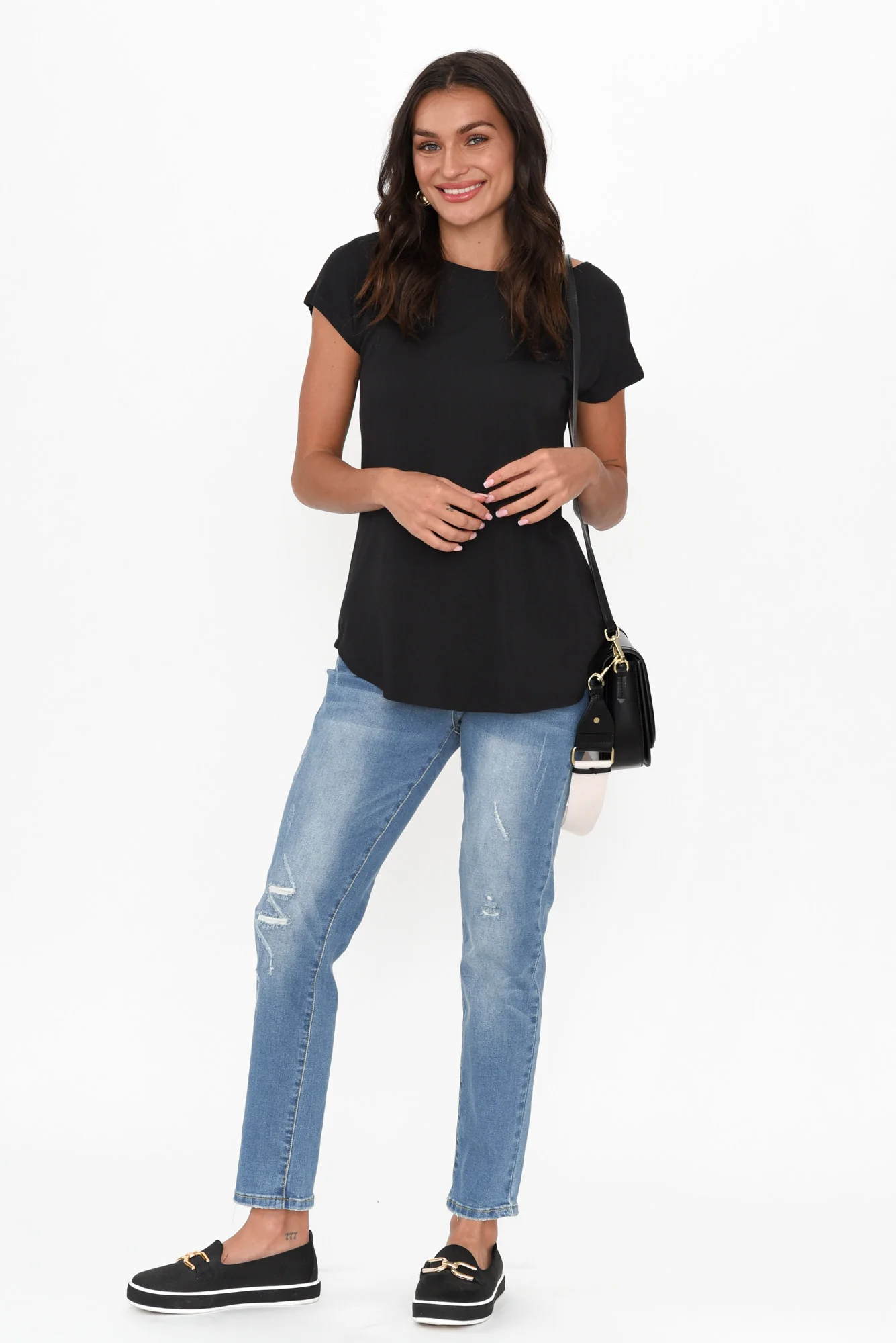 Pia Black Bamboo Boatneck Tee