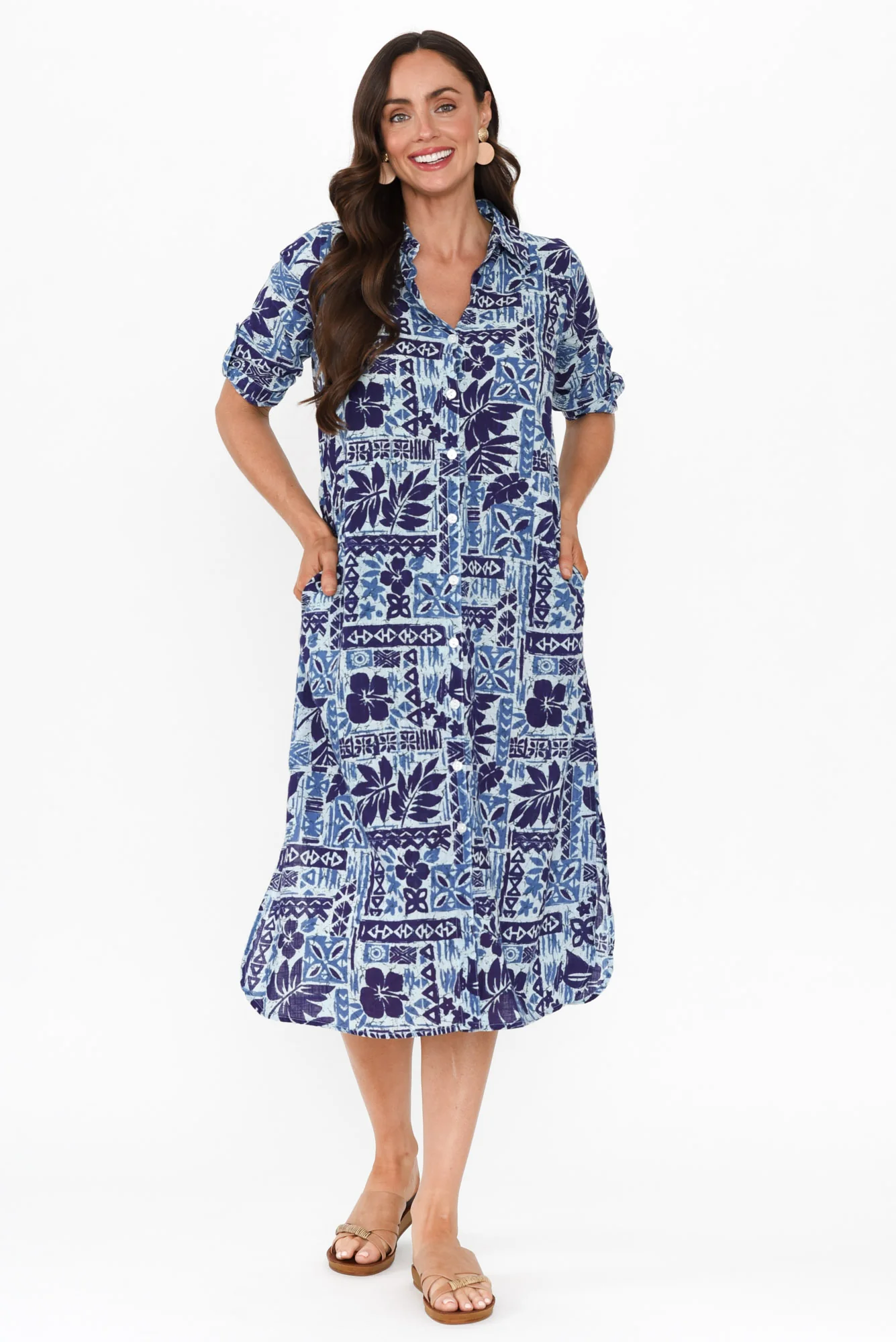 Tricia Blue Mosaic Cotton Shirt Dress