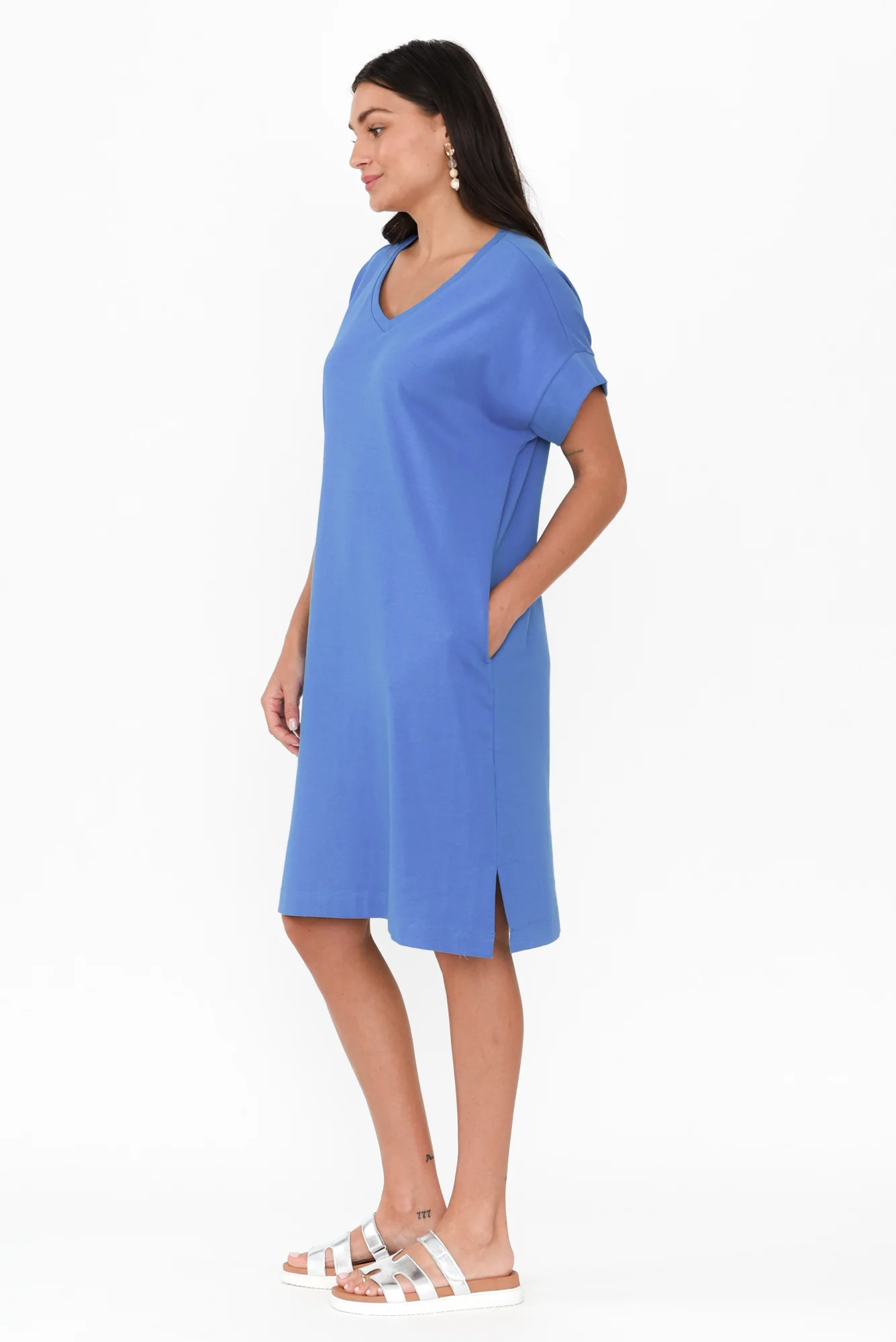 Elise Blue V Neck T-Shirt Dress