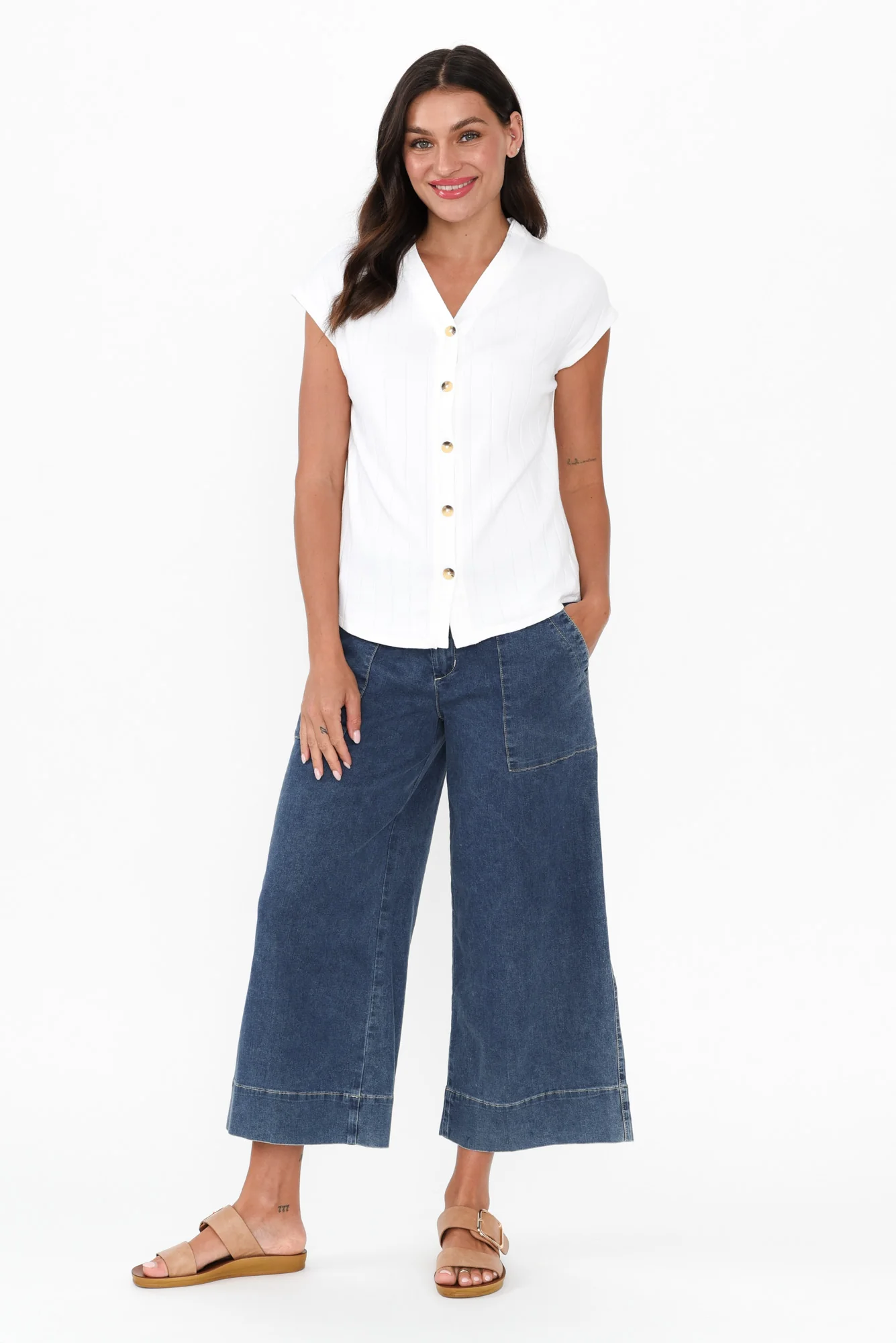 Dori White Cotton Blend Ribbed Top