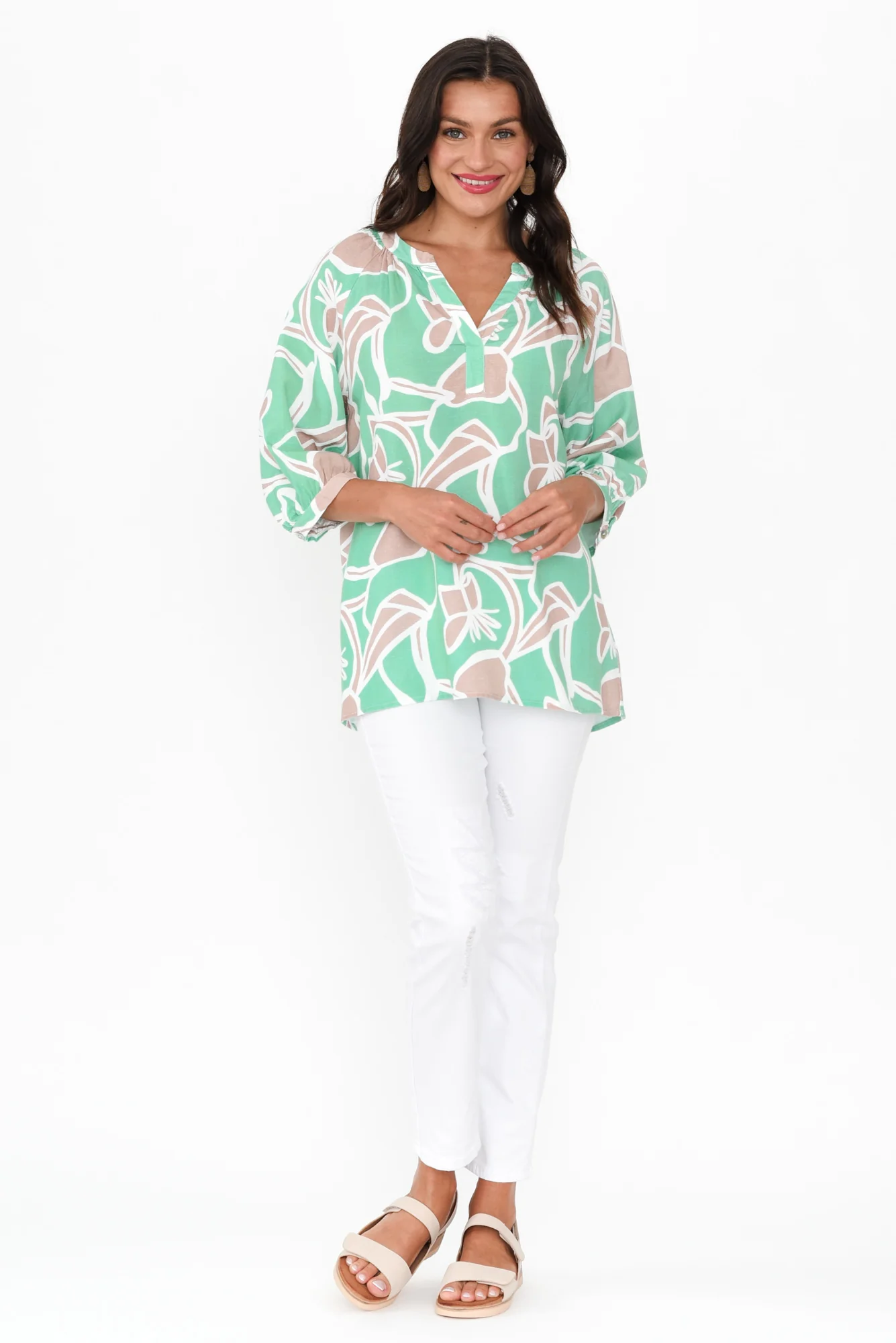 Noosa Green Abstract Linen Blend Top