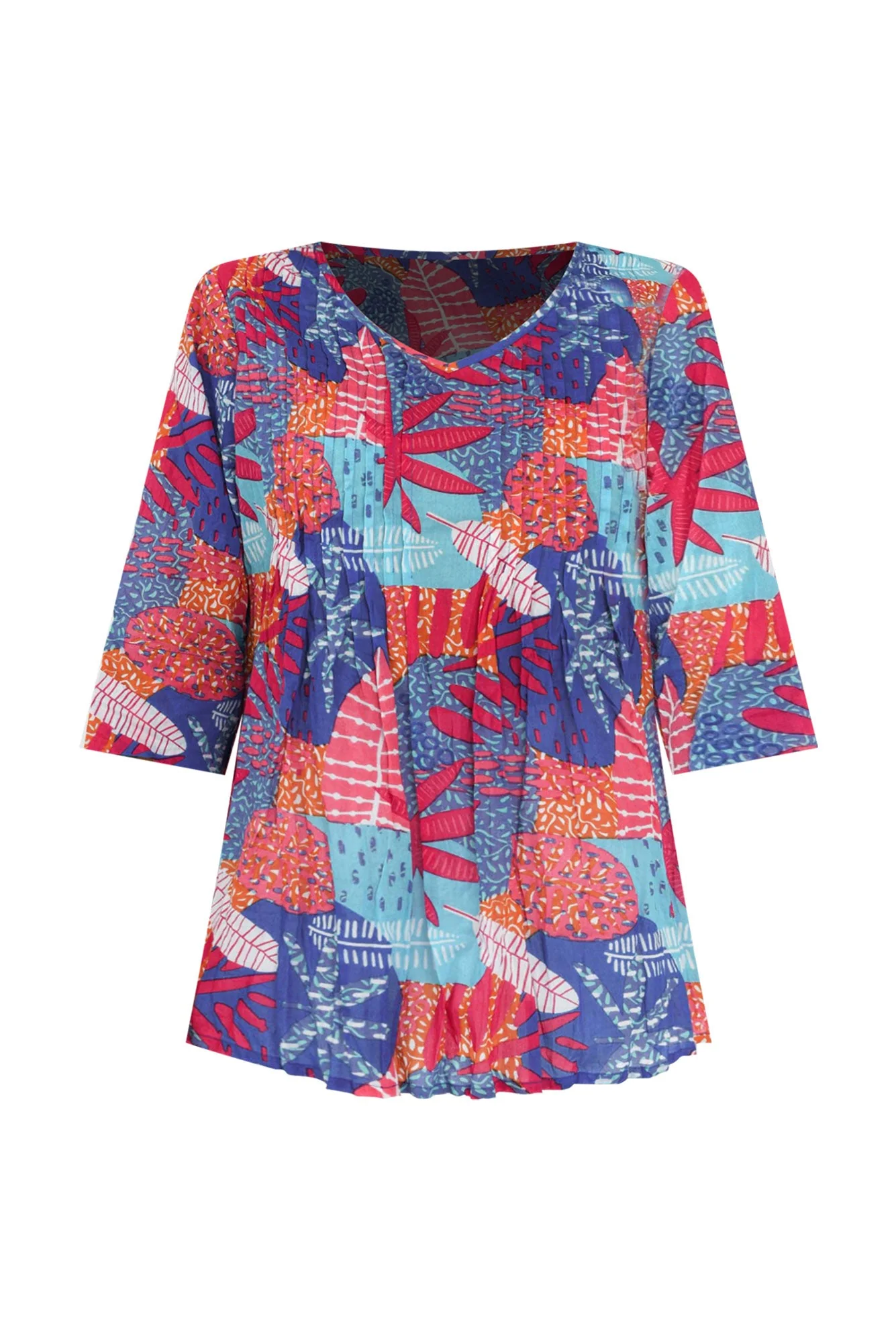 Fia Blue Leaf Sleeved Crinkle Cotton Top