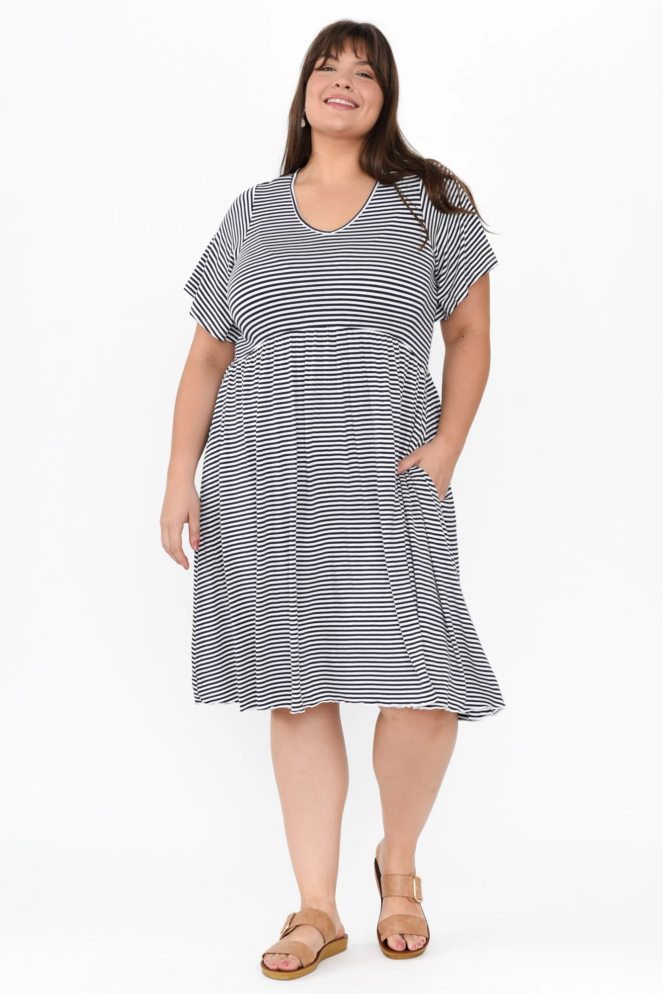 Donna Navy Stripe Gathered Dress