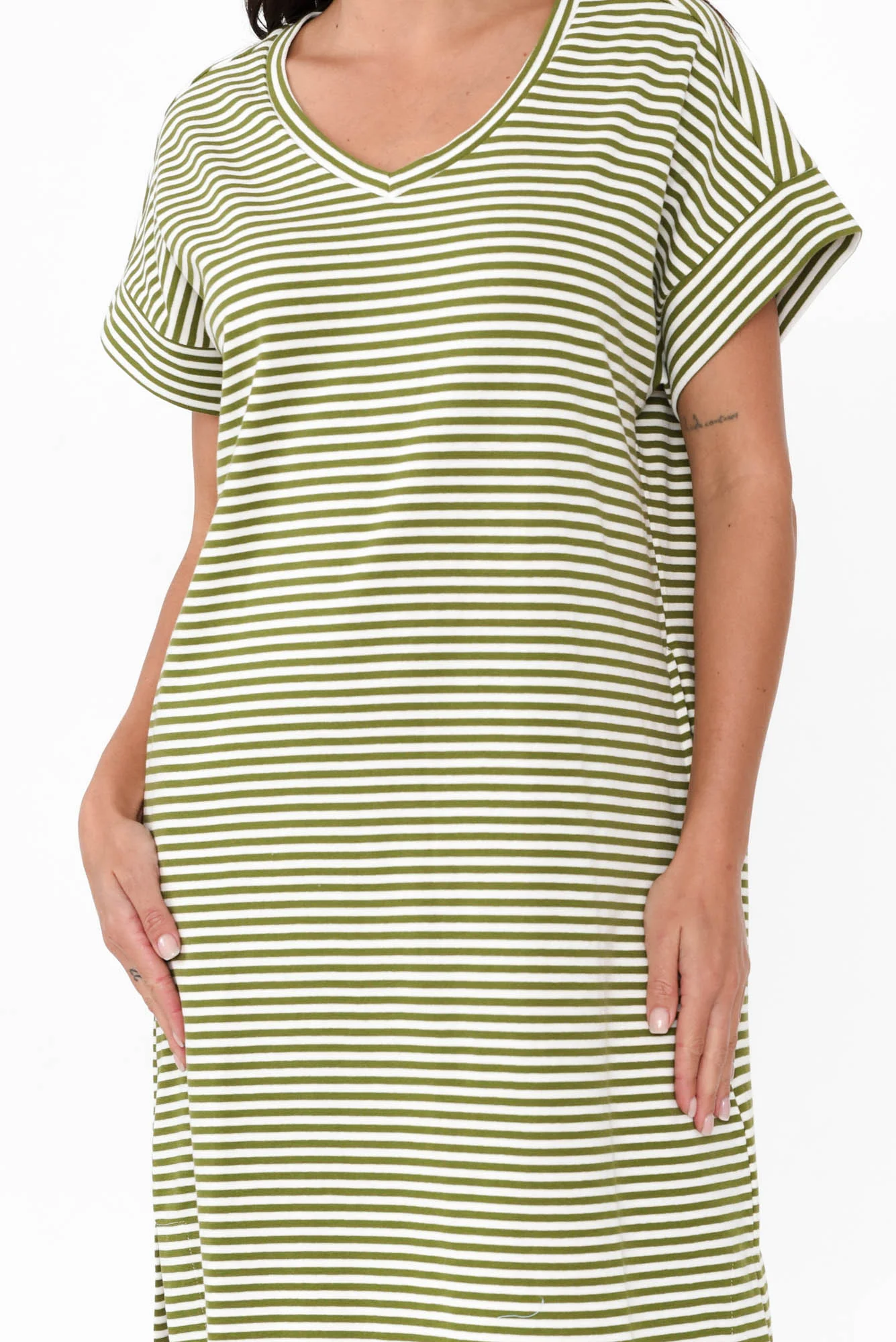 Elise Green Stripe V Neck T-Shirt Dress