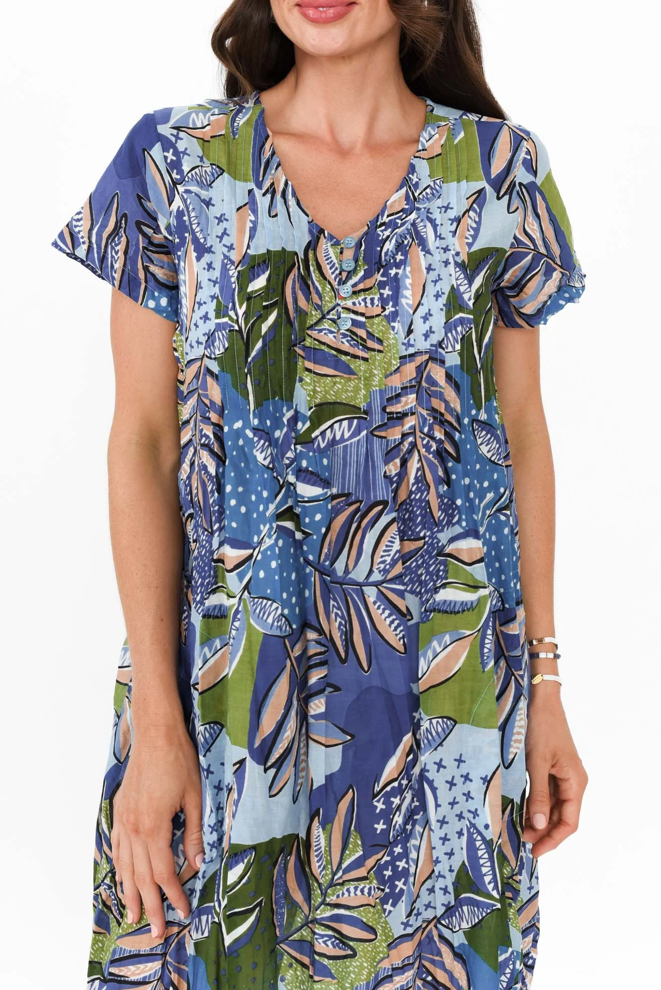 Sabina Blue Foliage Crinkle Cotton Dress