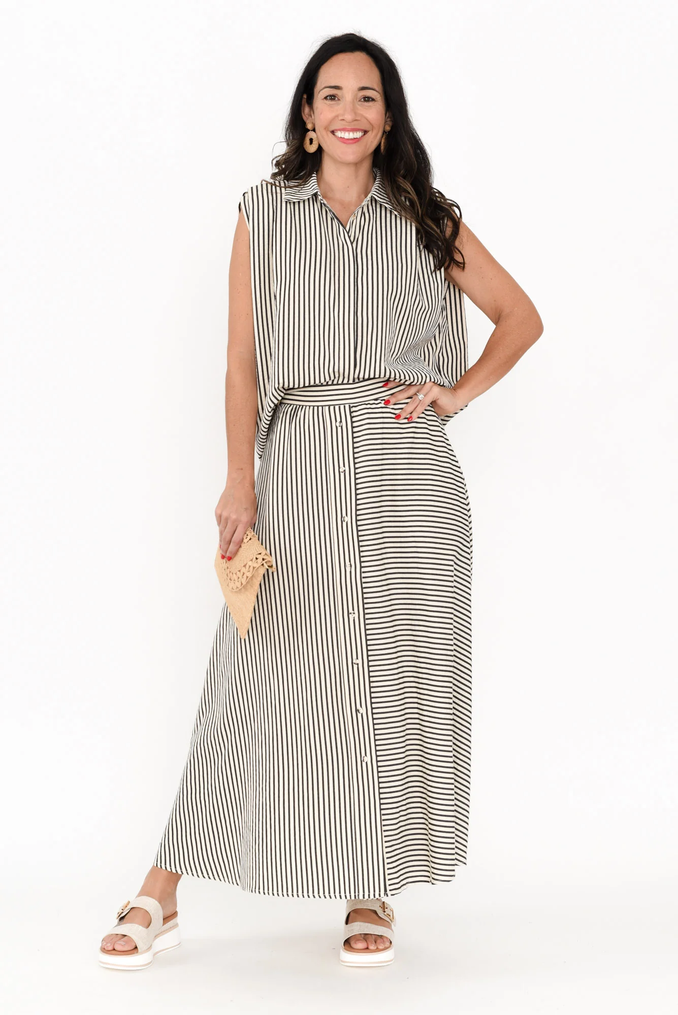 Lucy Black Stripe Button Skirt