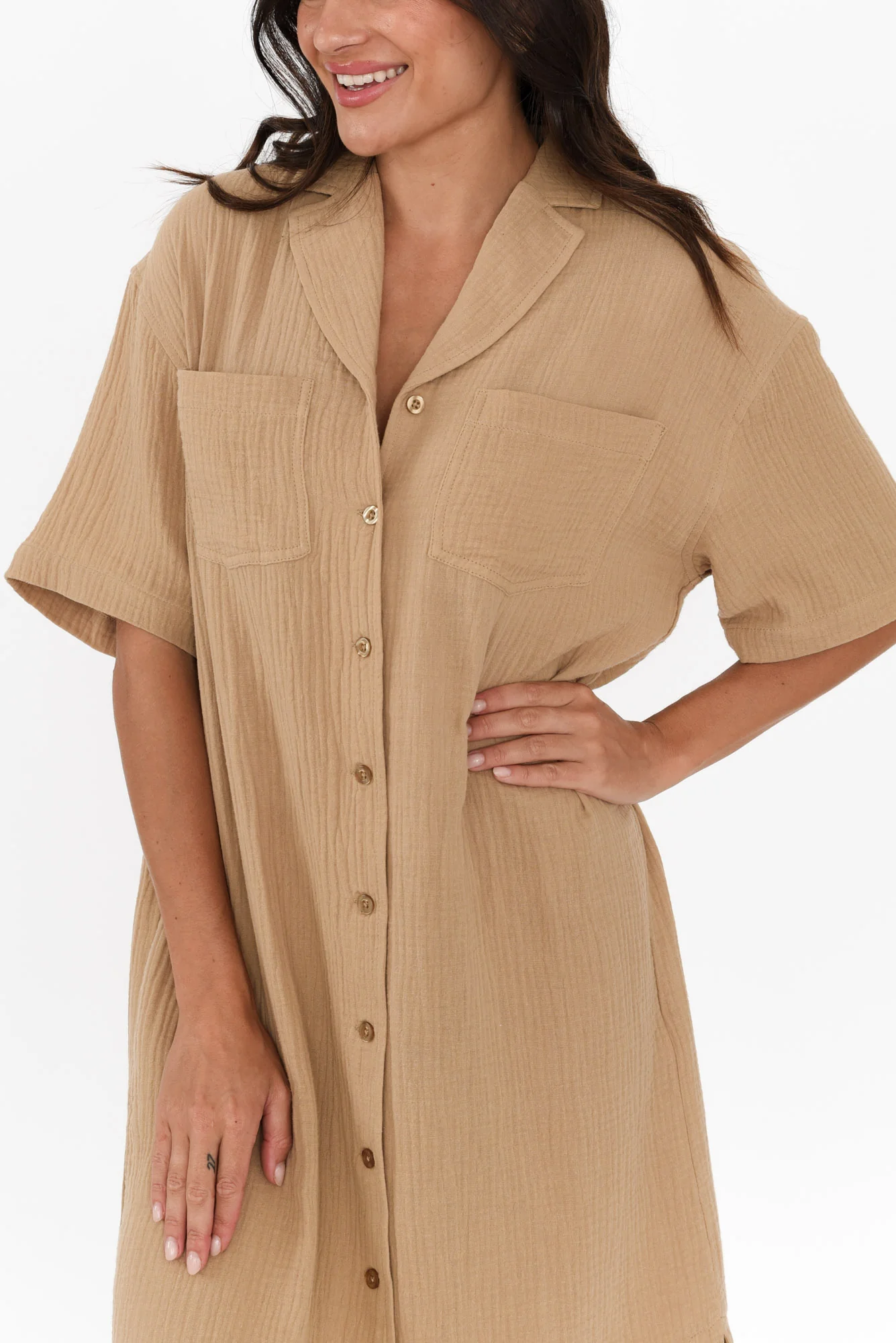 Tahiti Beige Cotton Cheesecloth Tie Dress
