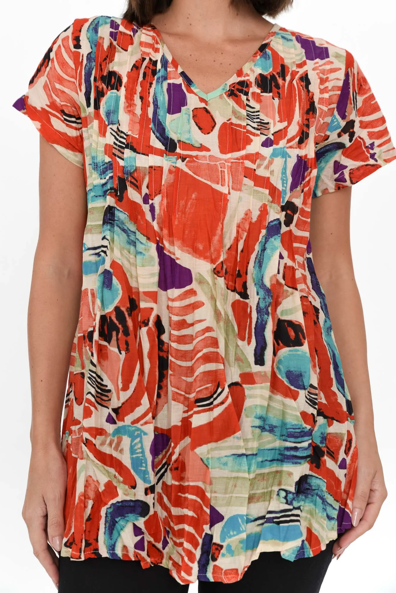 Fia Red Mosaic Crinkle Cotton Top