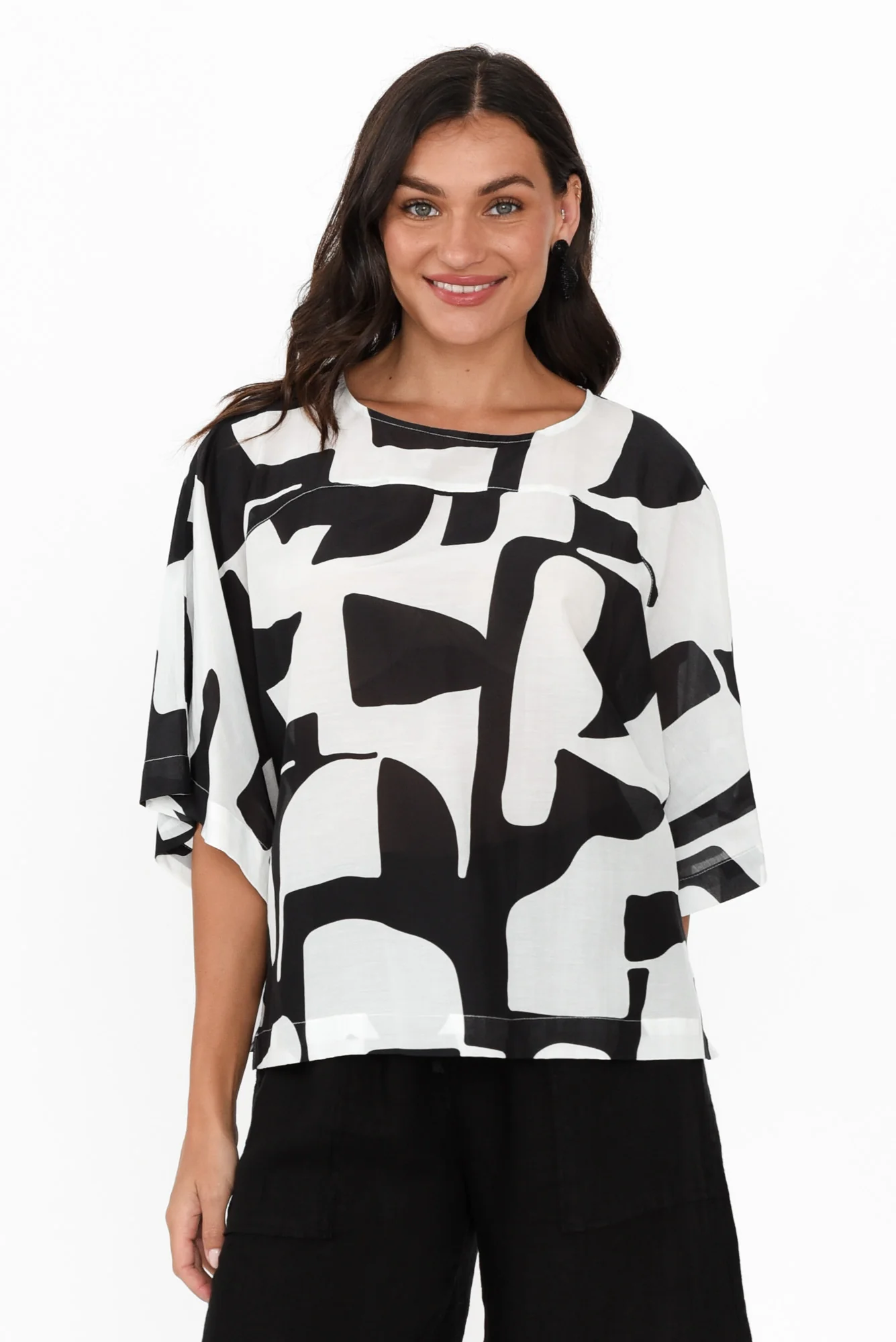 Baley Black Abstract Cotton Silk Top