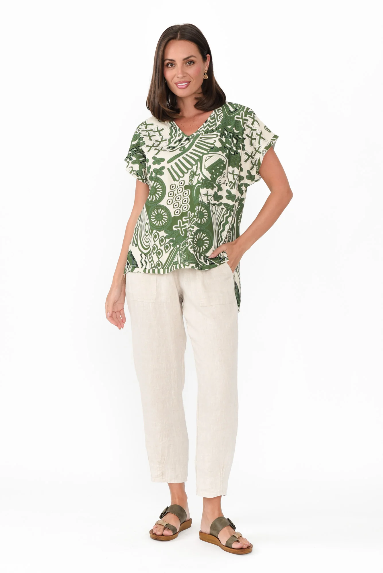 Terassa Green Abstract Linen Blend Top